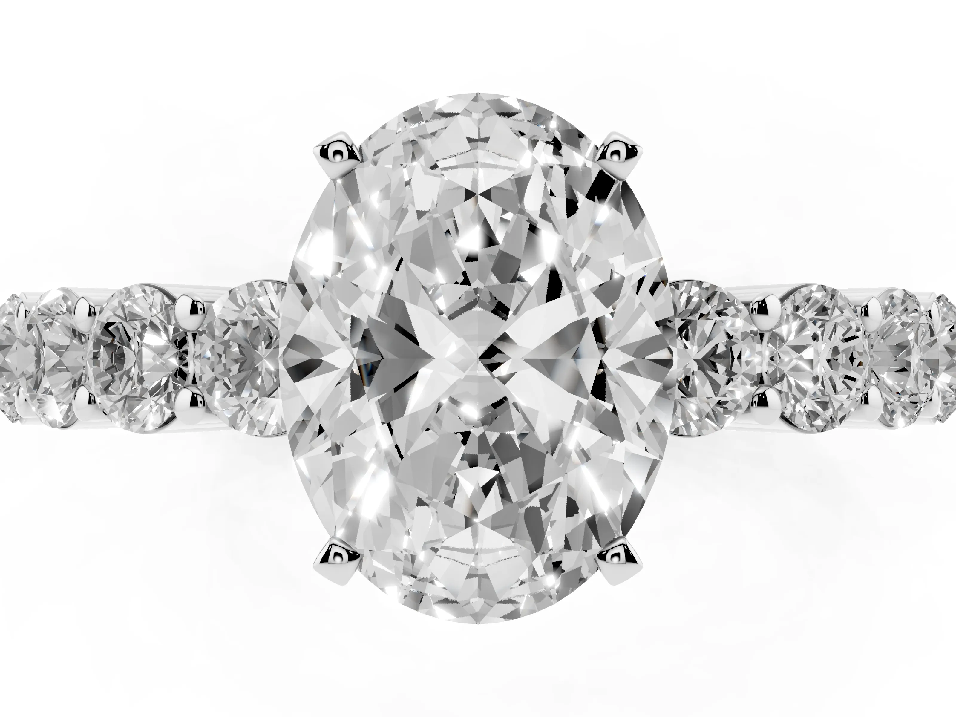 Oval Cut Diamond Solitaire Ring Set in Platinum with Shared Prong Round Side Stones