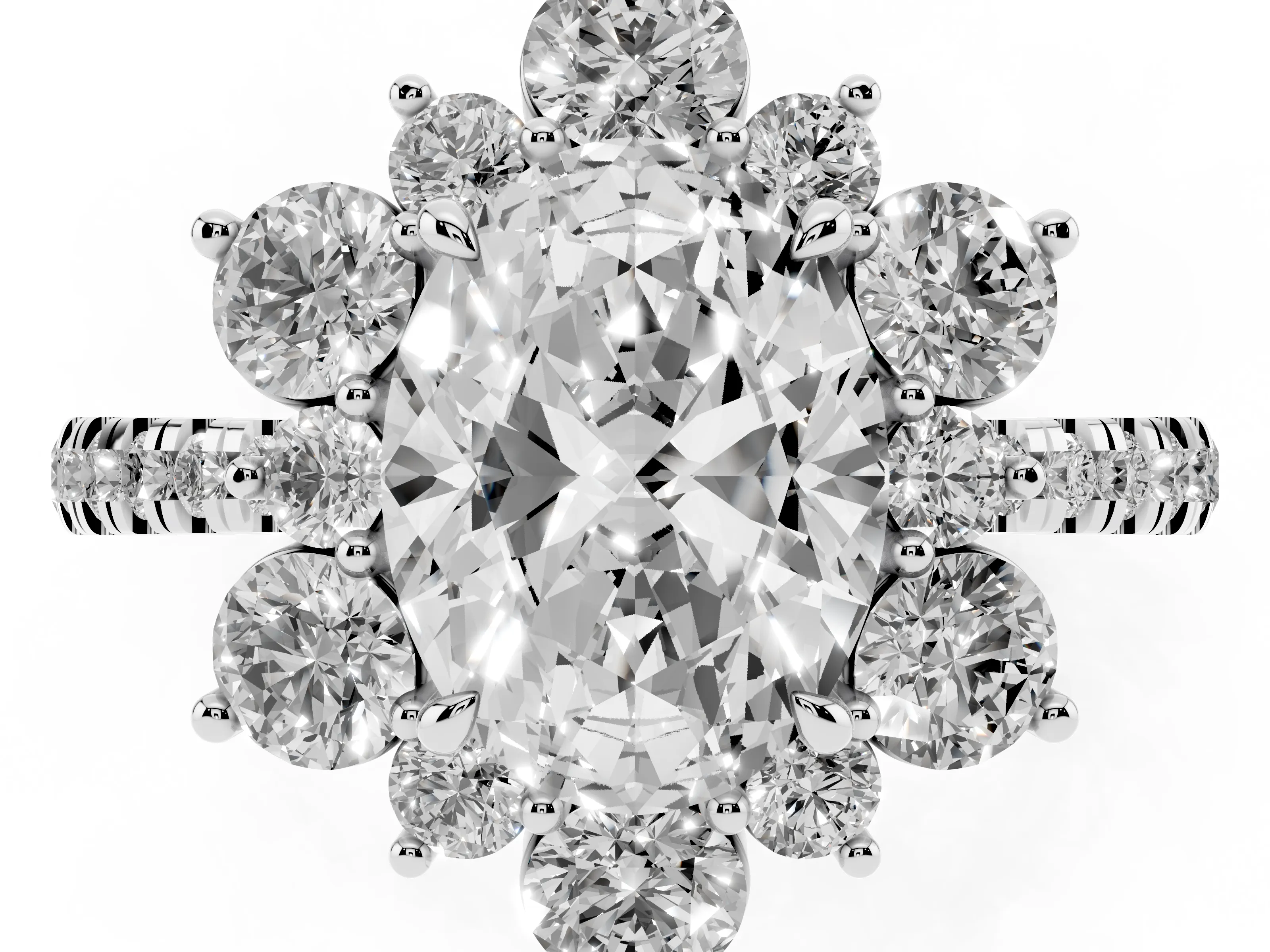Oval Cut Diamond Floral Halo Ring Set in White gold with Round Pavé Band and Prong Setting