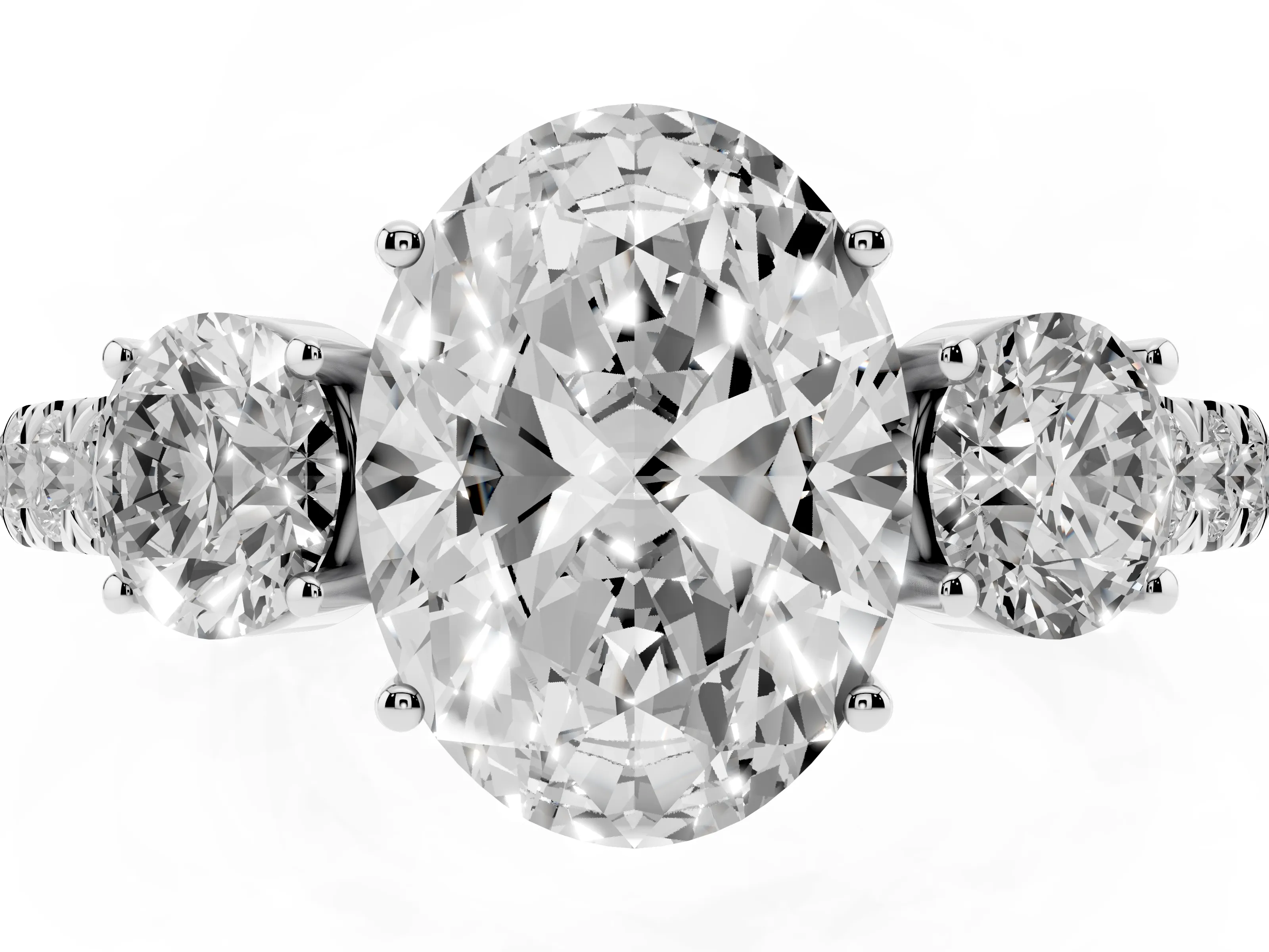 Oval Cut Diamond Three-Stone Ring Set in White gold with Round Side Stones and Delicate Pavé Band