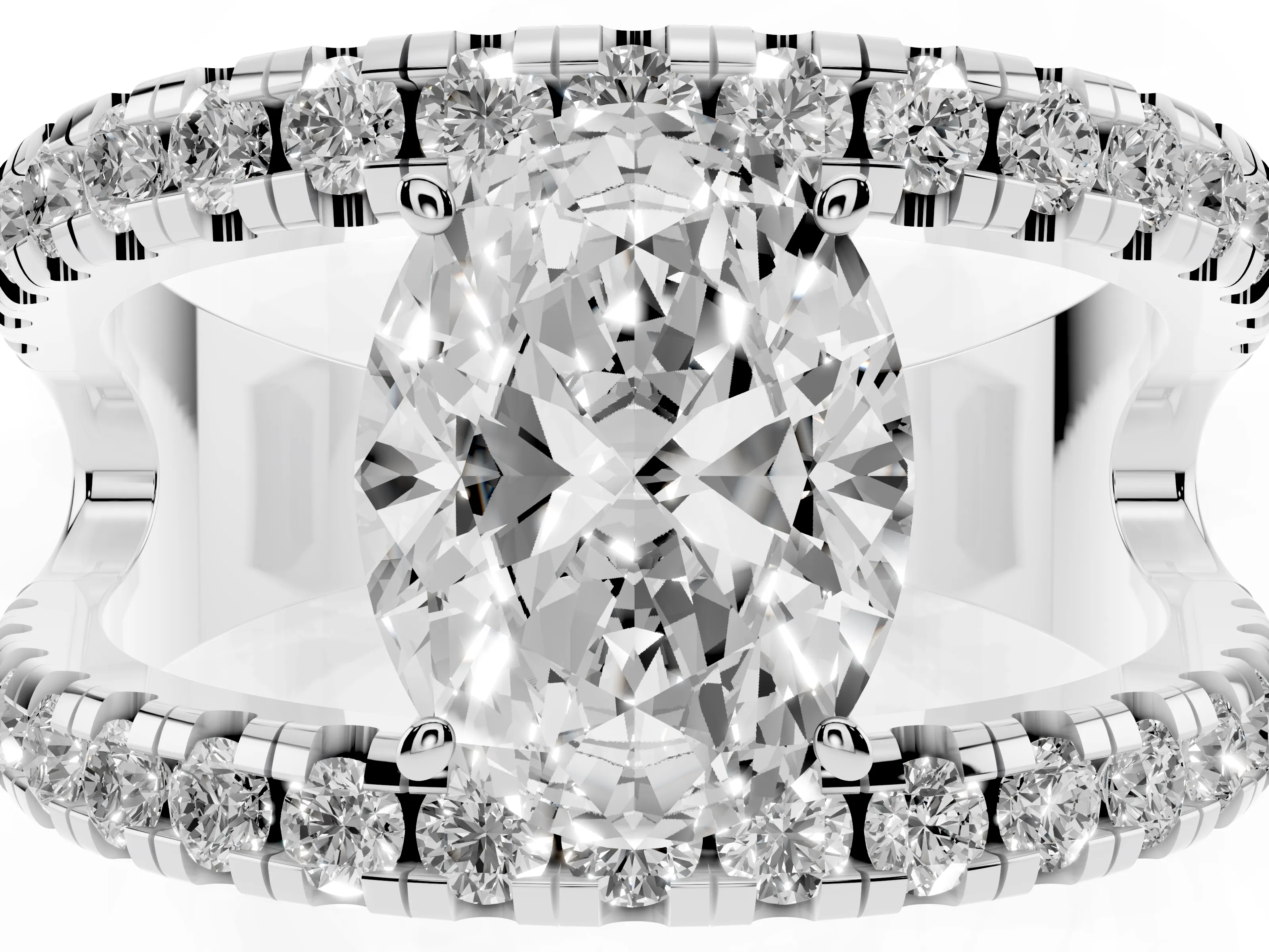 Oval Cut Diamond Split Shank Pavé Solitaire Ring Set in Silver with Open Shank Design