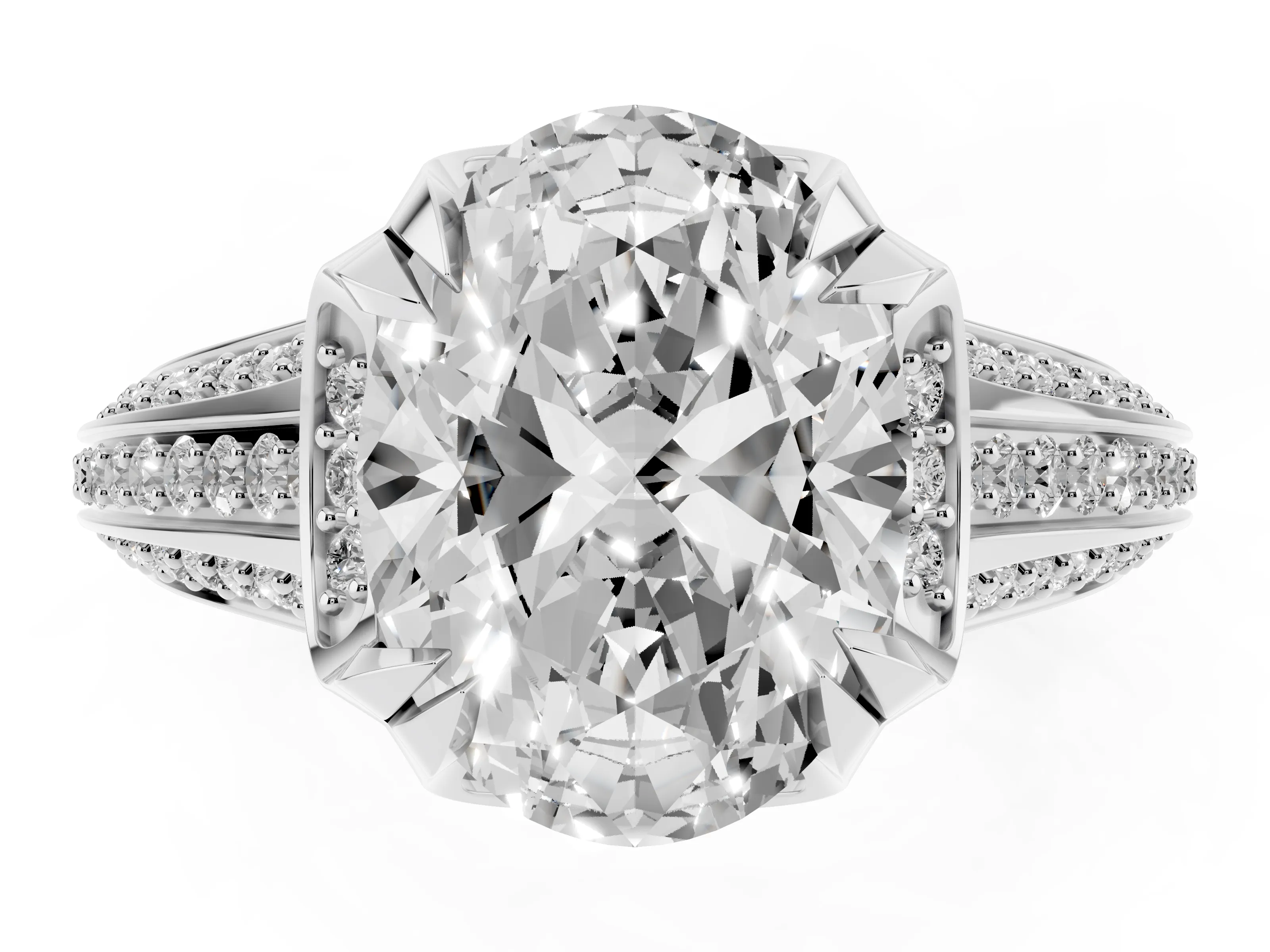 Oval Cut Diamond Pavé Split Shank Solitaire Ring Set in White gold with Prong Setting