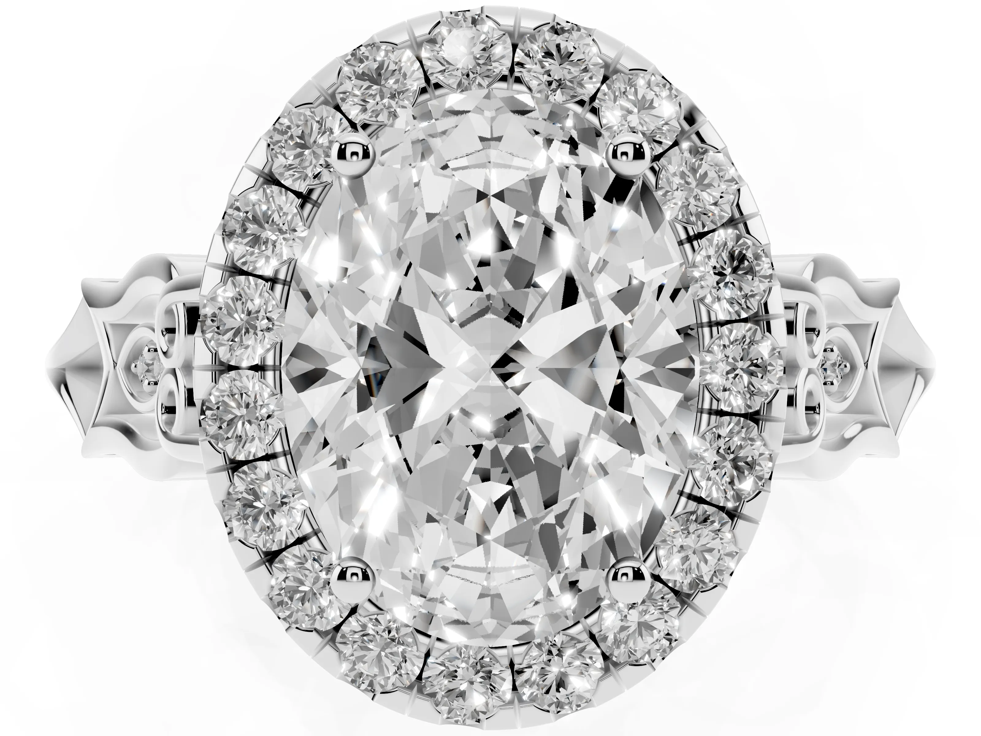 Oval Cut Diamond Halo Engagement Ring Set in Silver with Filigree Band and Prong-Set Center