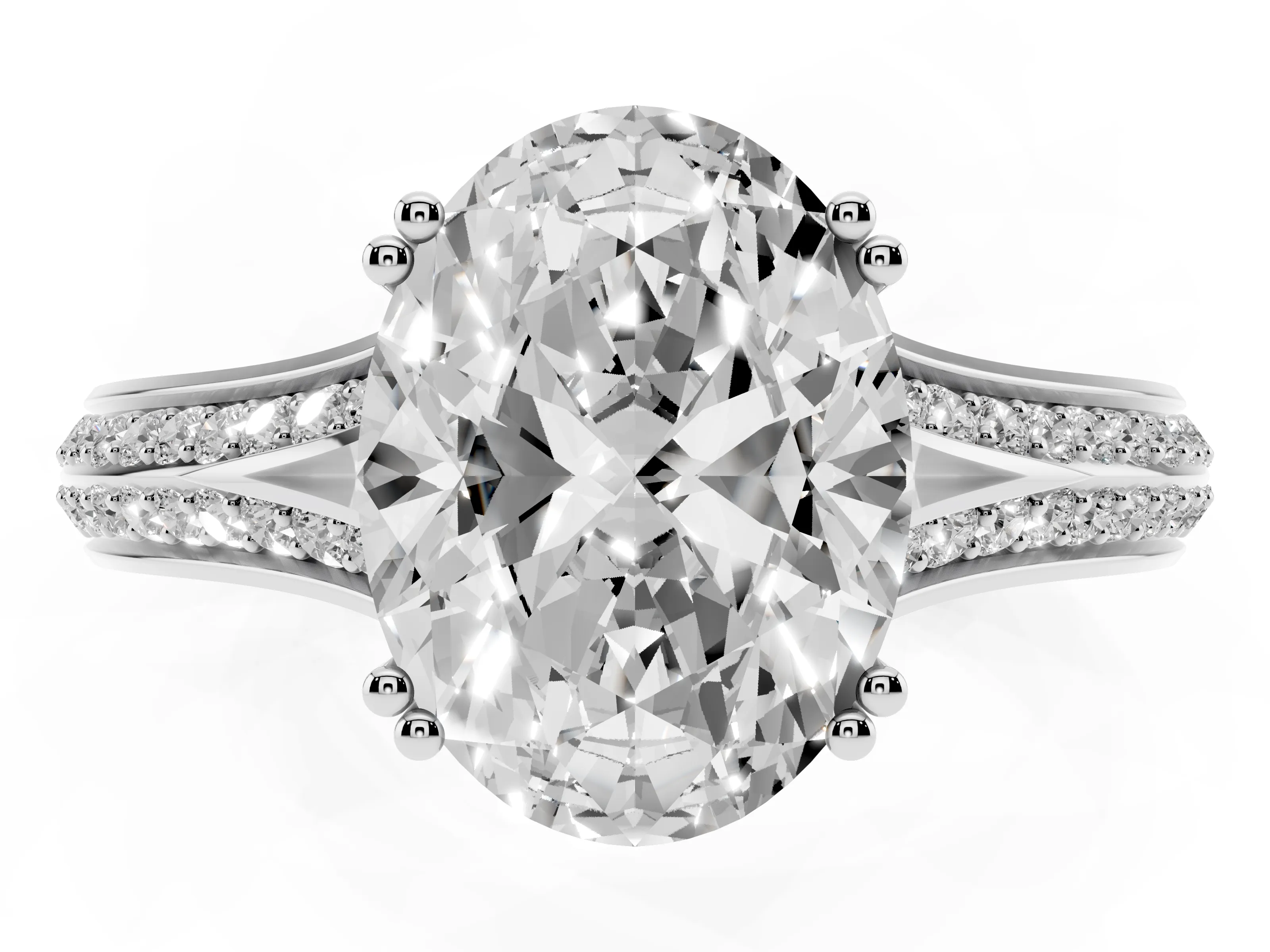 Oval Cut Diamond Split Shank Pavé Engagement Ring Set in White gold with Prong-Set Center Stone