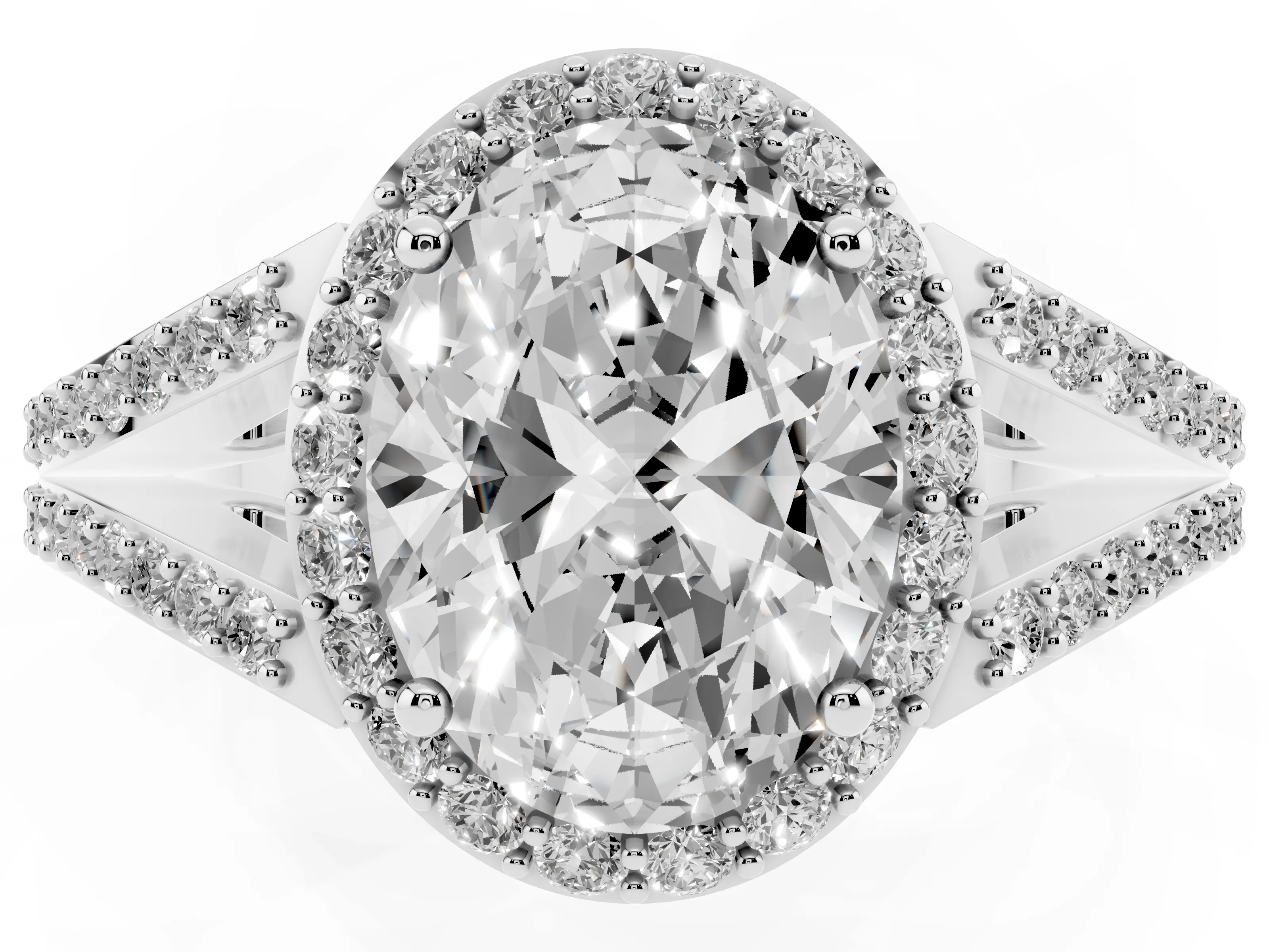 Oval Cut Diamond Halo Split Shank Ring Set in White gold with Accent Stones and Prong Setting
