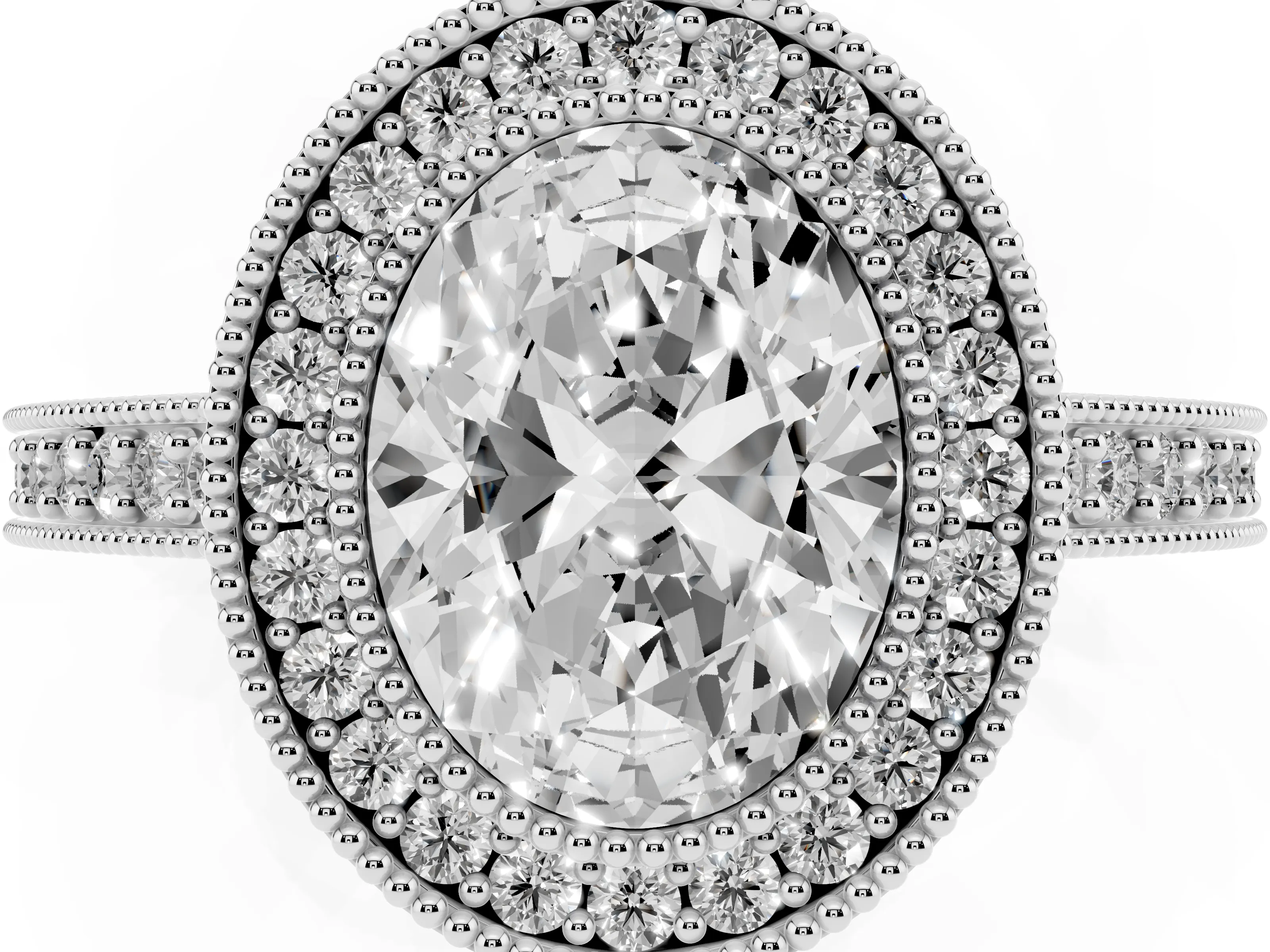Oval Cut Diamond Halo Engagement Ring Set in Silver with Pavé Band and Round Halo Stones