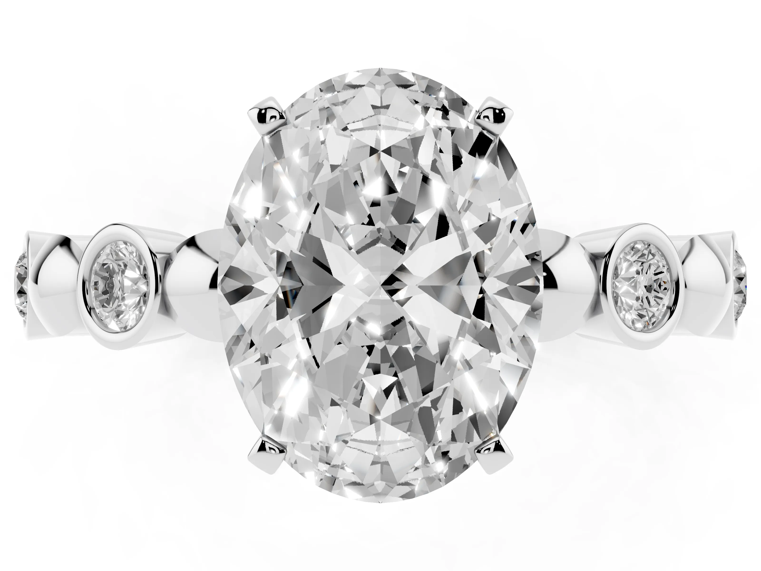 Oval Cut Diamond Solitaire Ring Set in White gold with Bezel-Set Accents on Beaded Band and Prong Setting