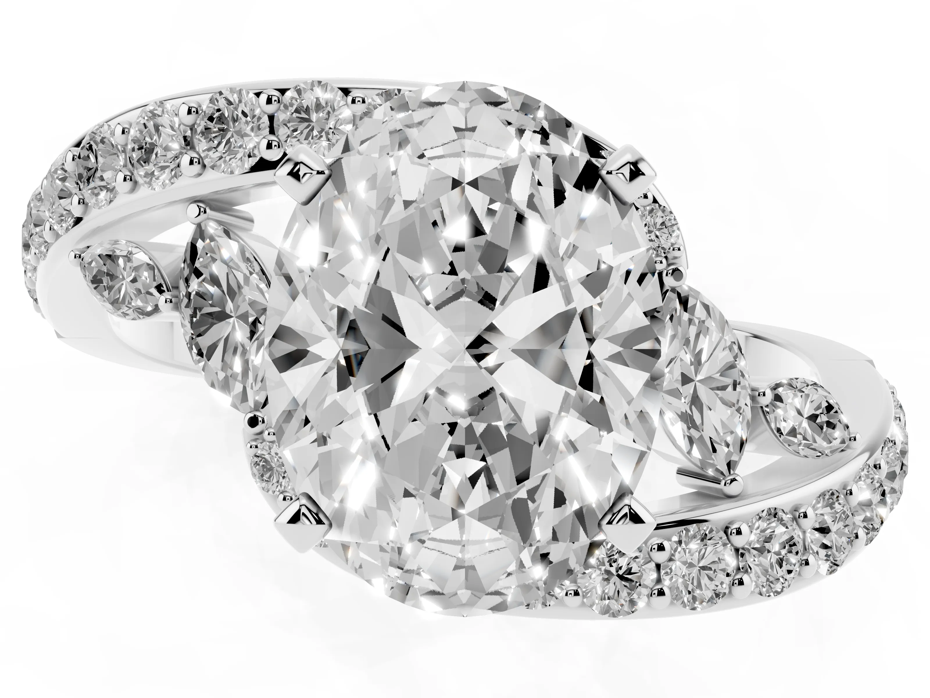 Oval Cut Diamond Solitaire Ring Set in White gold with Pavé Twist Band and Secure Prong Setting
