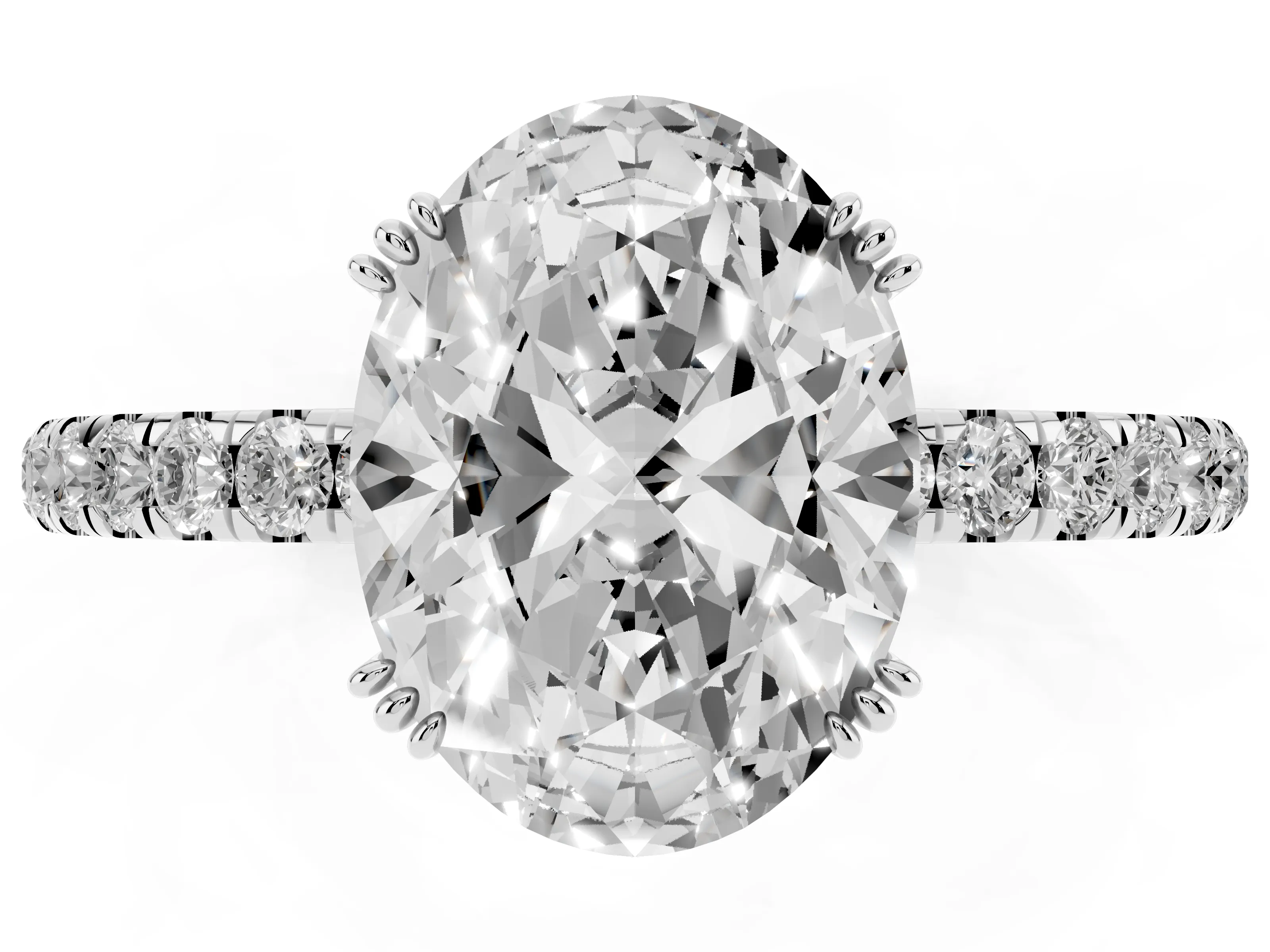 Oval Cut Diamond Brilliant Solitaire Set in Silver with Pavé Band and Claw Prong Setting