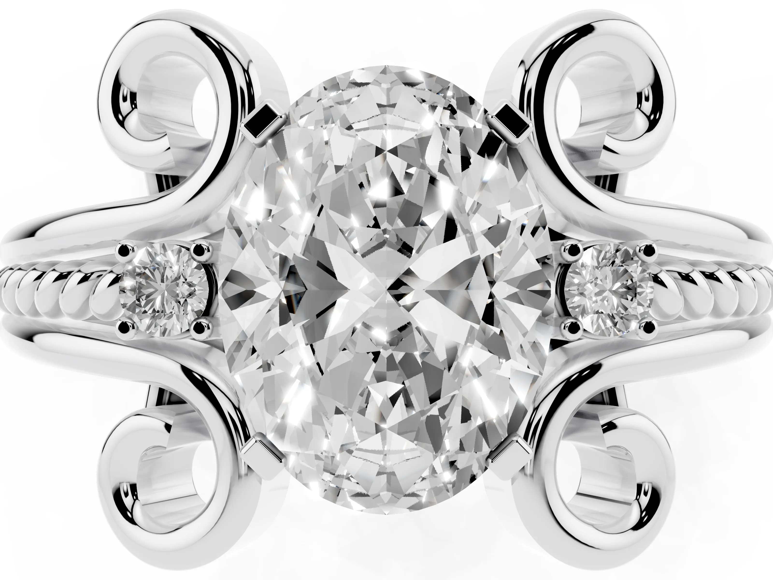 Oval Cut Diamond Twisted Band Solitaire Ring Set in Platinum with Scroll Prongs