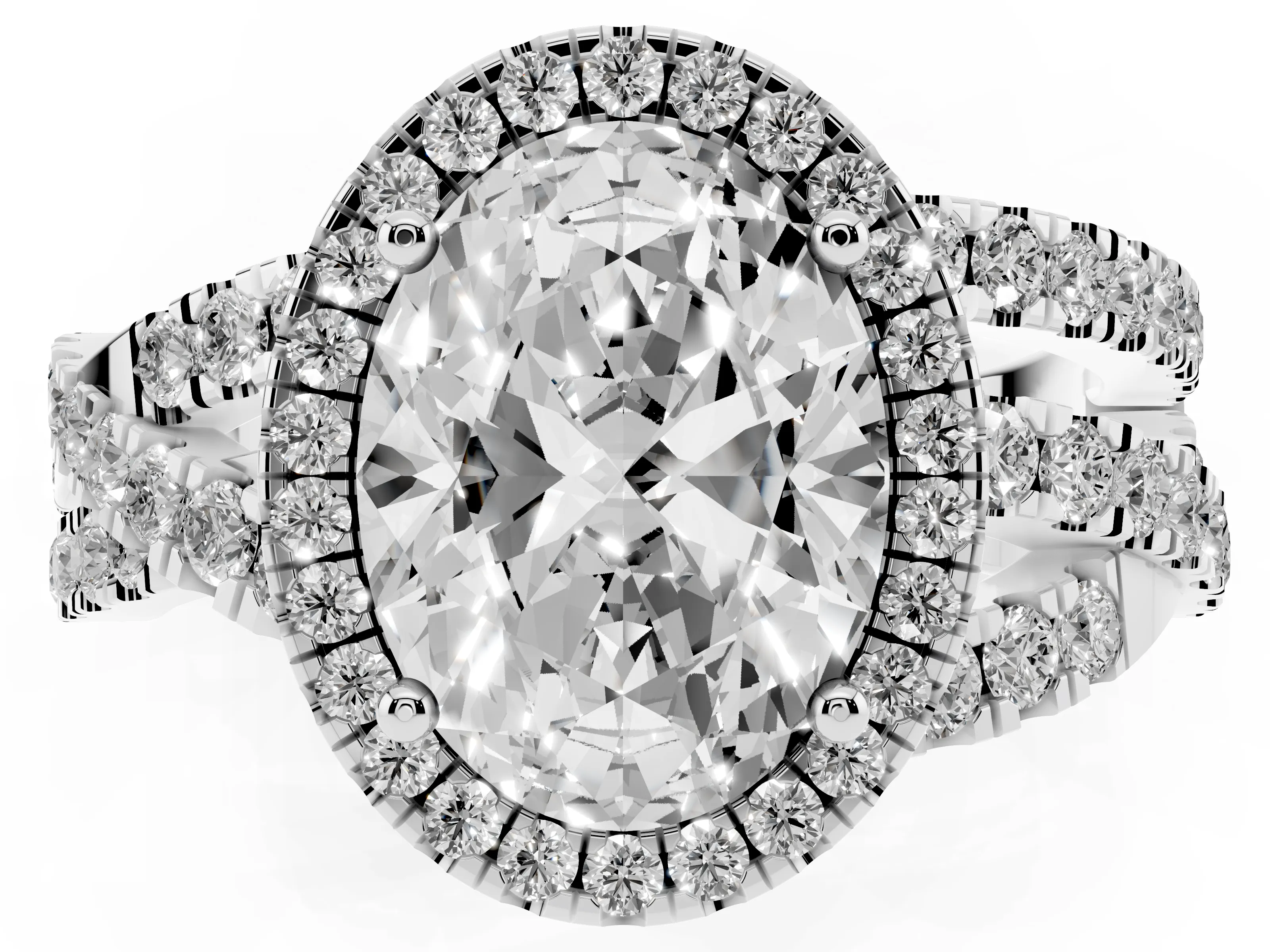 Oval Cut Diamond Halo Ring Set in Platinum with Round Crossover Split Shank and Prong Setting
