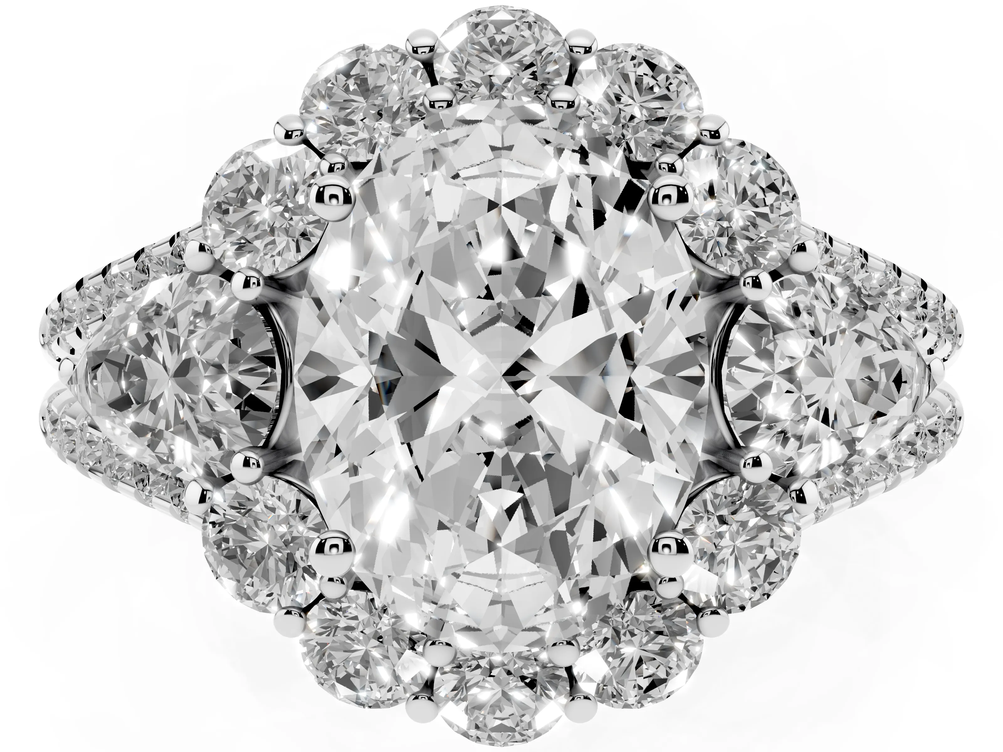 Oval Cut Diamond Halo Split Shank Engagement Ring Set in Silver with Prong-Held Center Stone