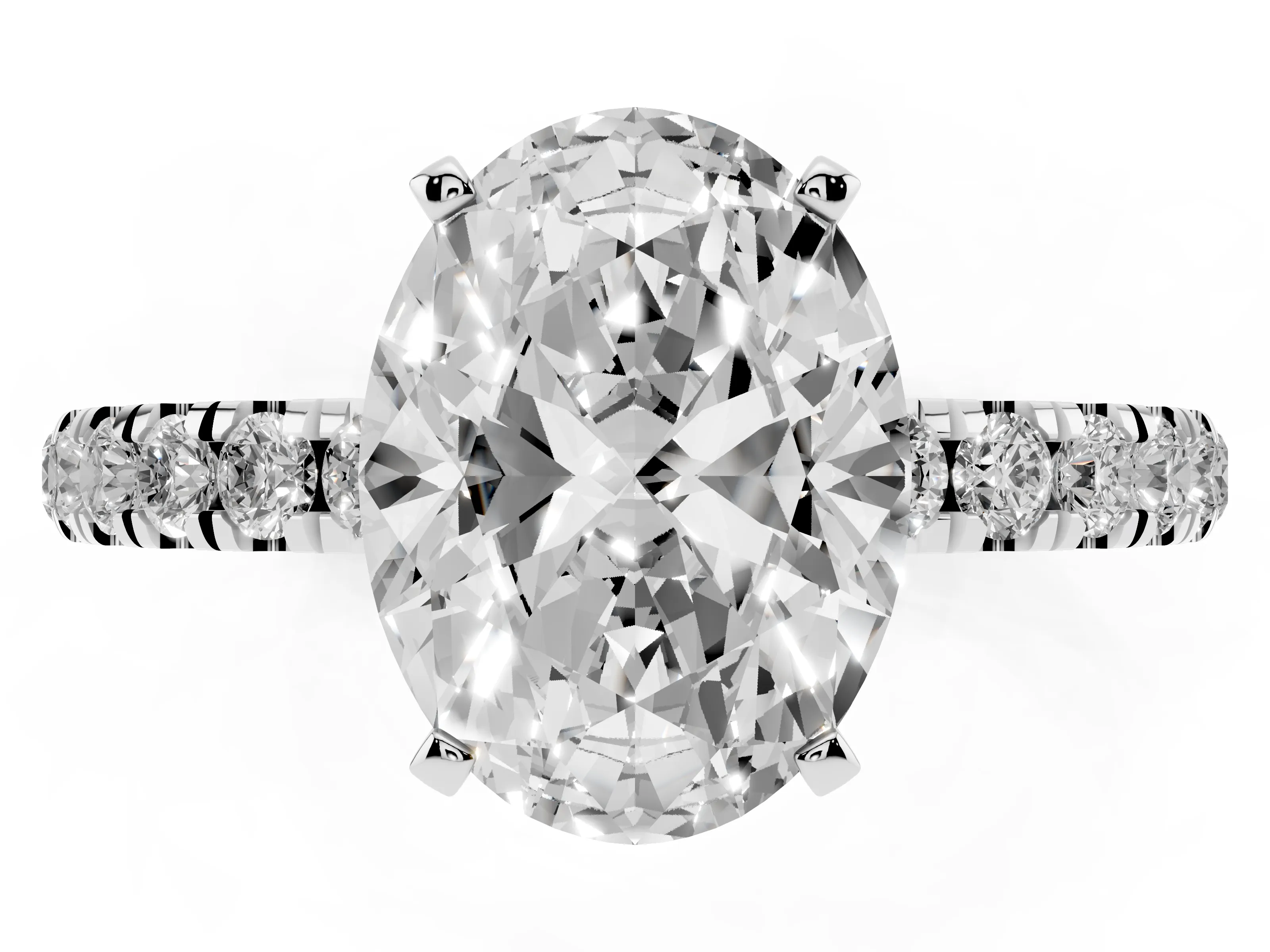 Oval Cut Diamond Solitaire Ring Set in White gold with Pavé Accents and Prong Setting