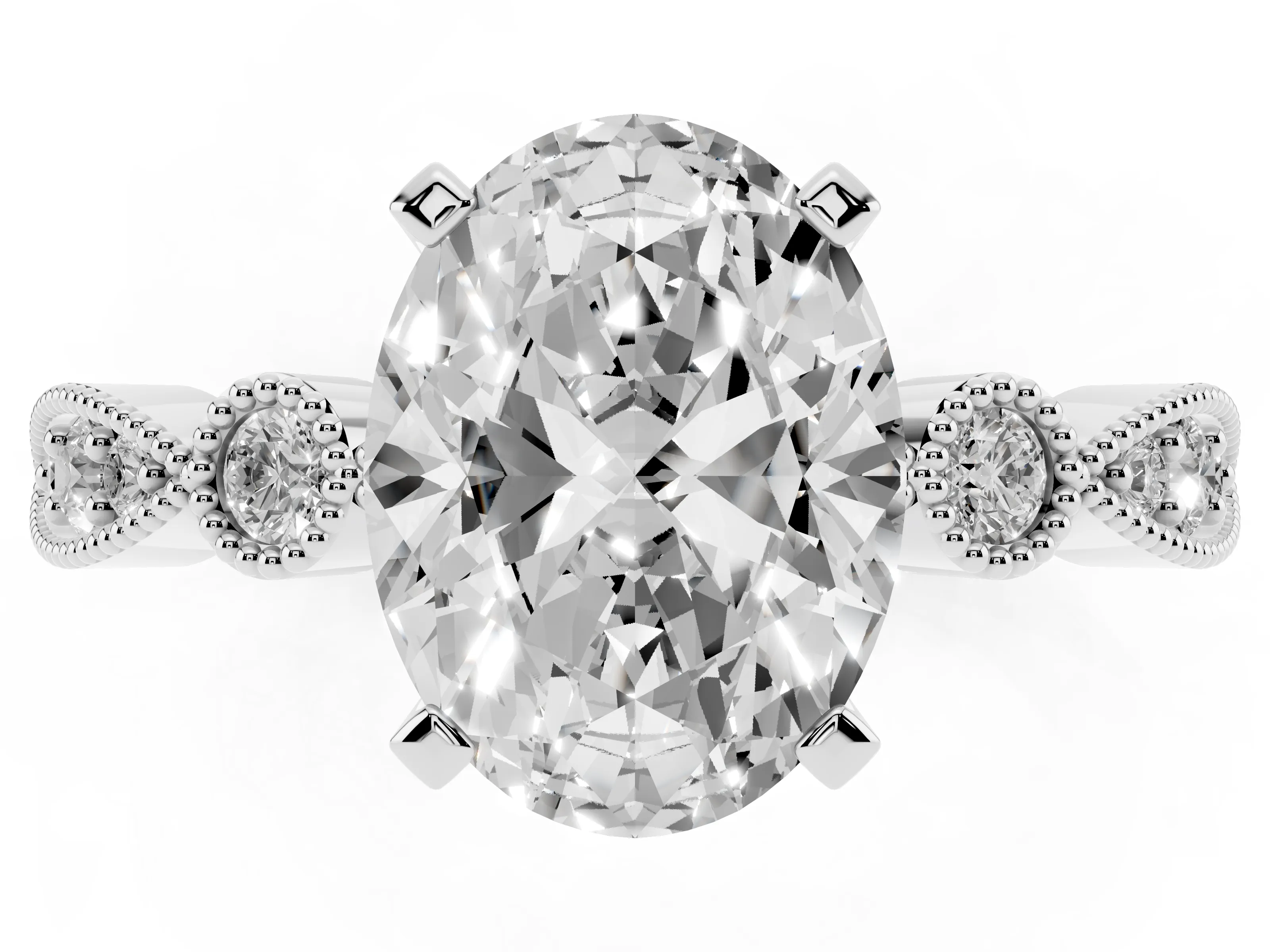 Oval Cut Diamond Solitaire Engagement Ring Set in Platinum with Milgrain Bezel Accent Band