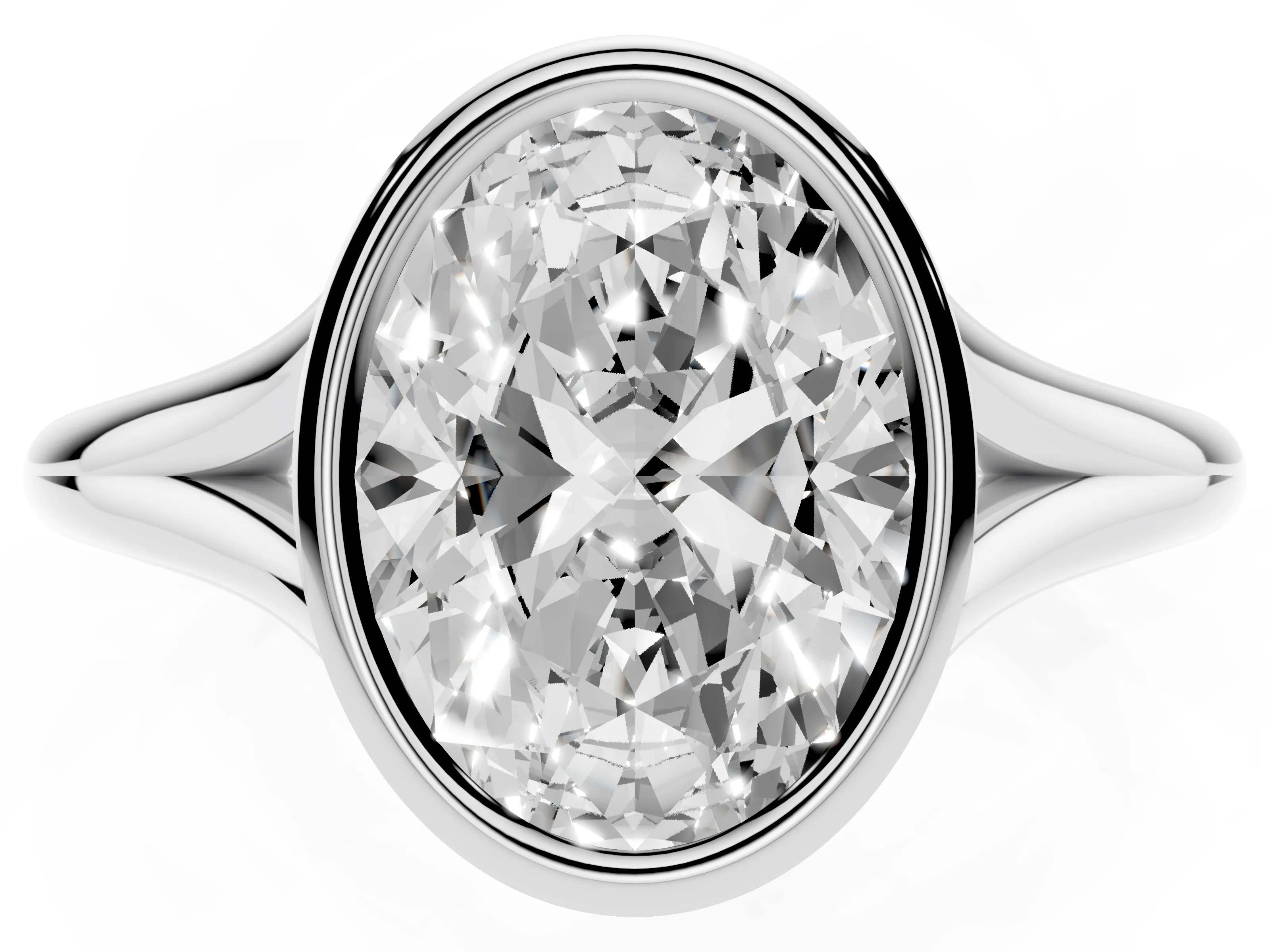 Bezel Set Oval Cut Diamond Solitaire Ring Set in Platinum with Tapered Band