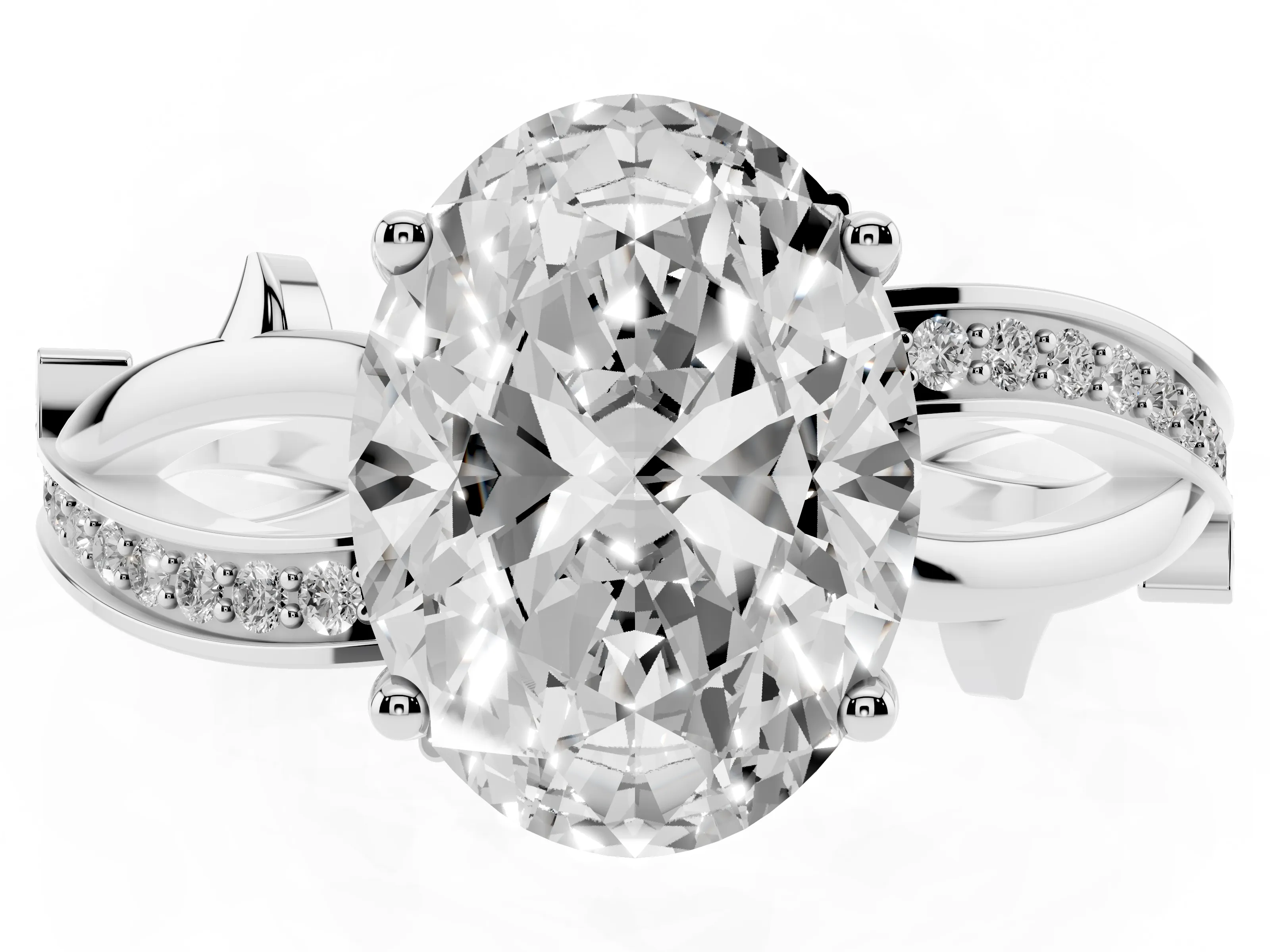 Oval Cut Diamond Pavé Twist Band Solitaire Ring Set in Silver with Prong Setting