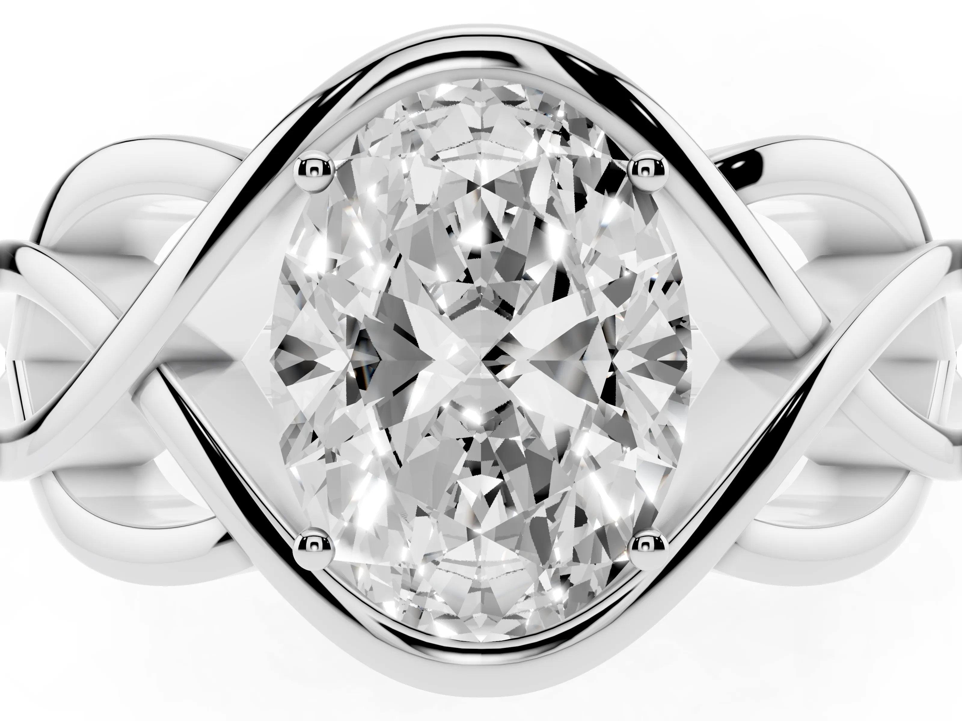 Oval Cut Diamond Solitaire Ring Set in Silver with Intertwined Band