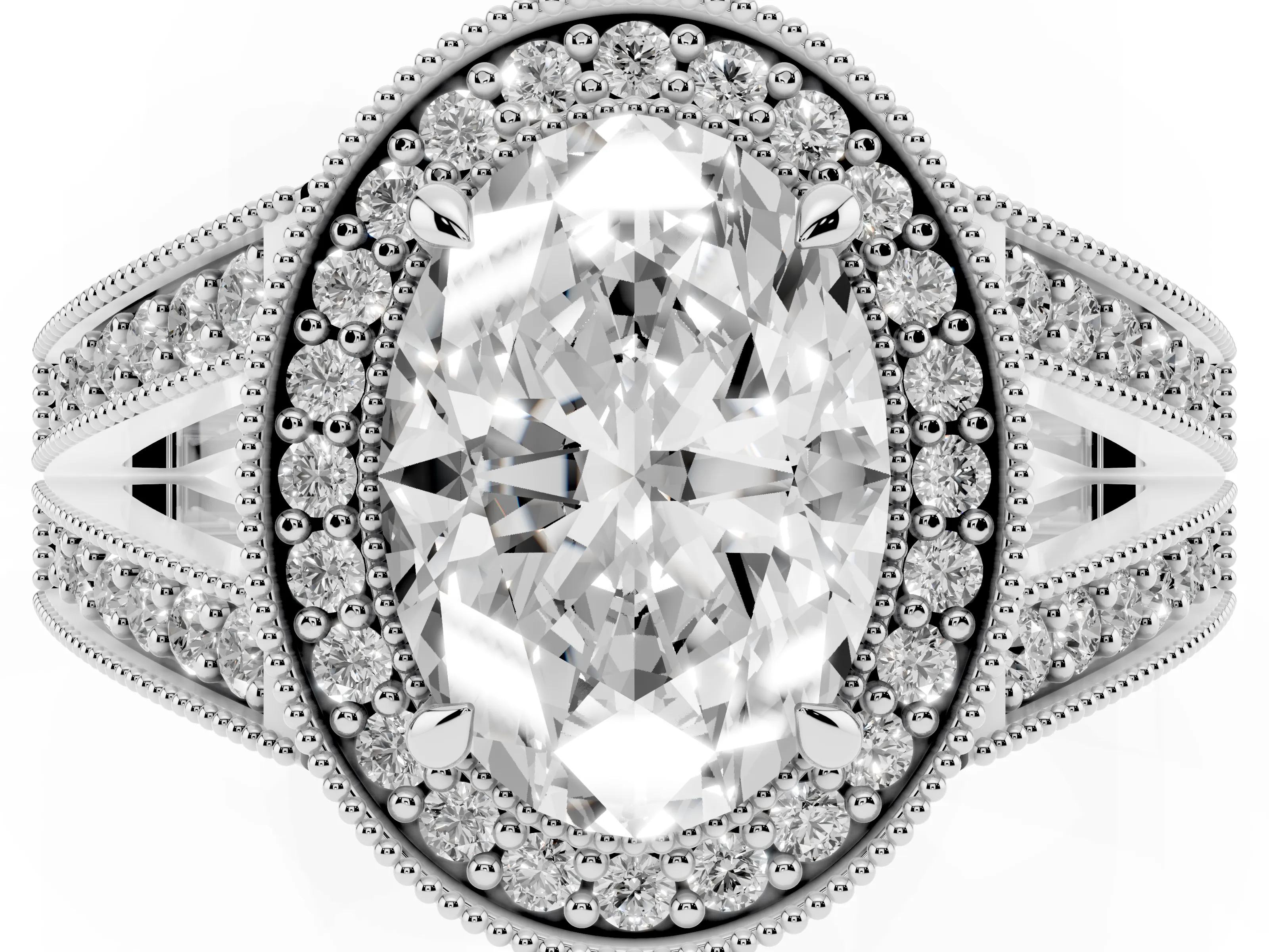 Oval Cut Diamond Halo Ring Set in Platinum with Stone-Set Split Shank and Milgrain Edges