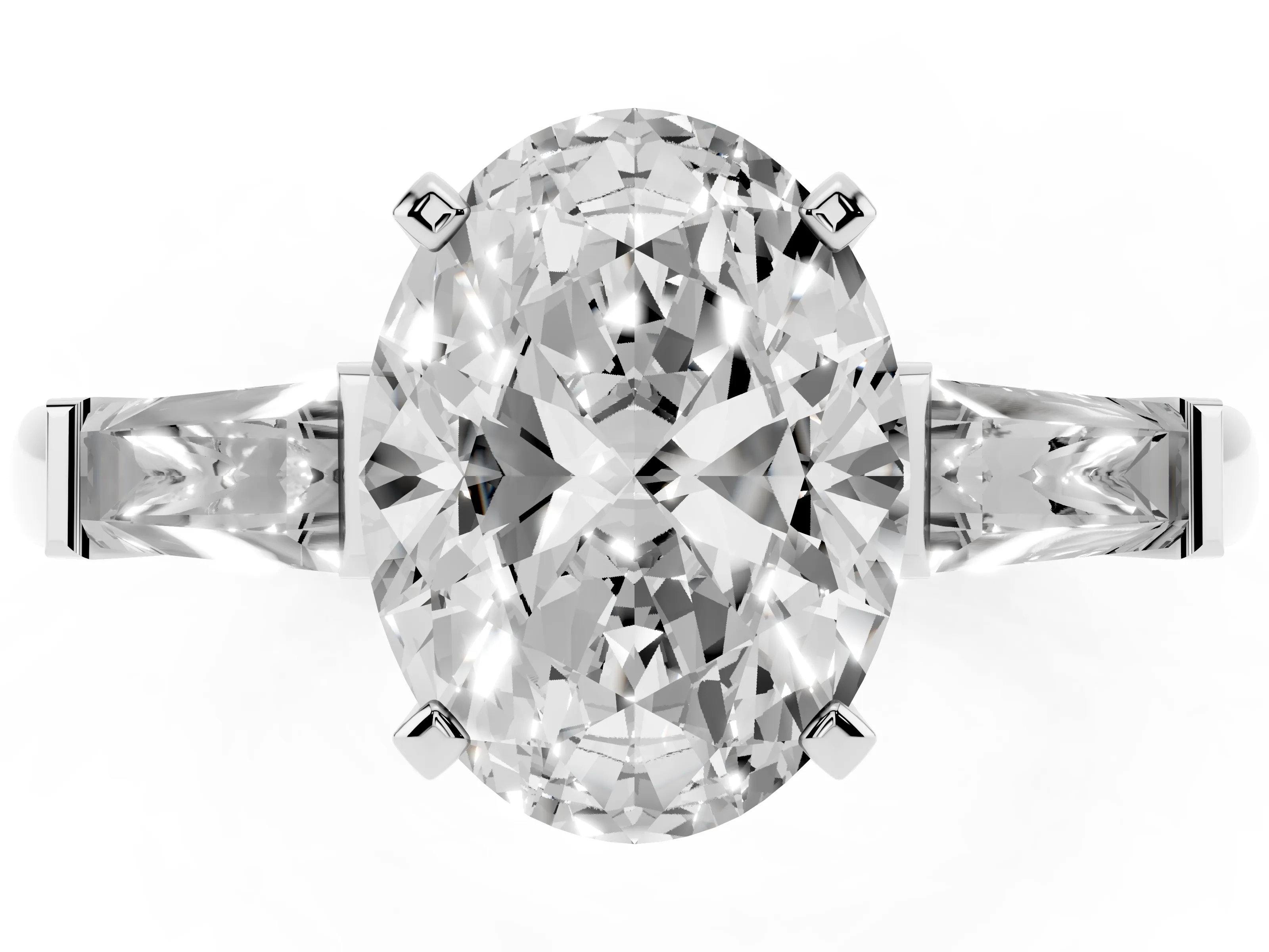 Oval Cut Diamond Solitaire Ring Set in Platinum with Tapered Baguette Side Stones and Prong Setting