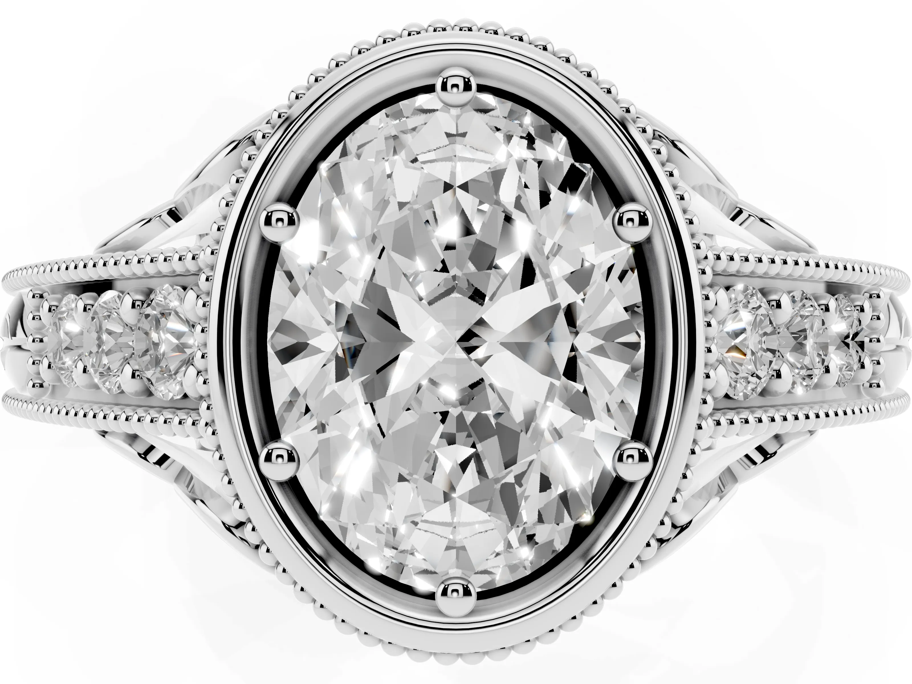 Bezel Set Oval Cut Diamond Milgrain Pavé Engagement Ring Set in Silver