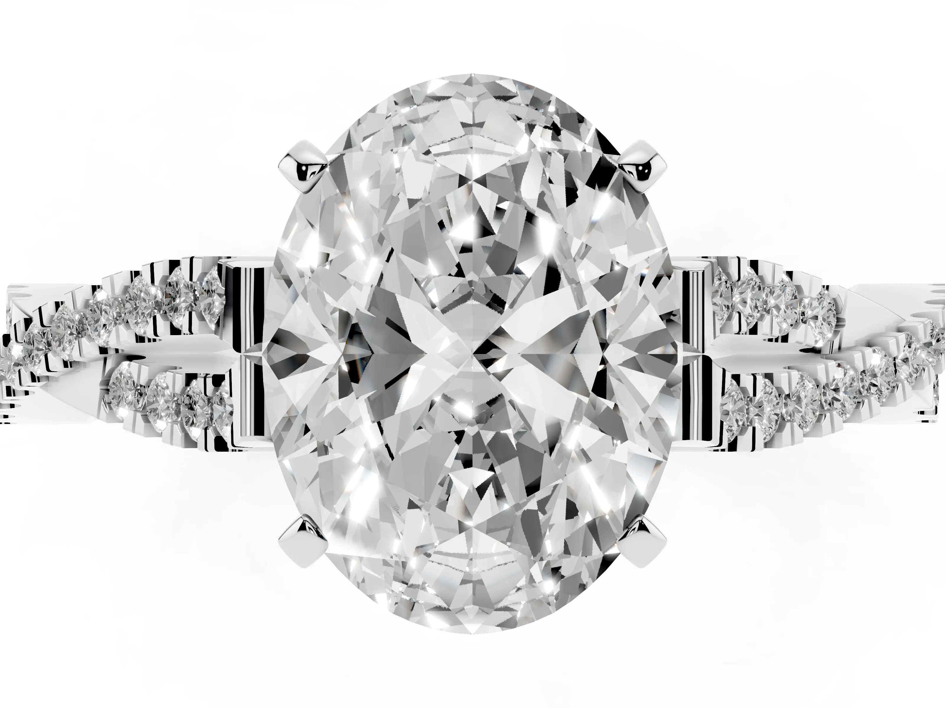 Oval Cut Diamond Solitaire Engagement Ring Set in White gold with Twisted Pavé Band and Prong Setting