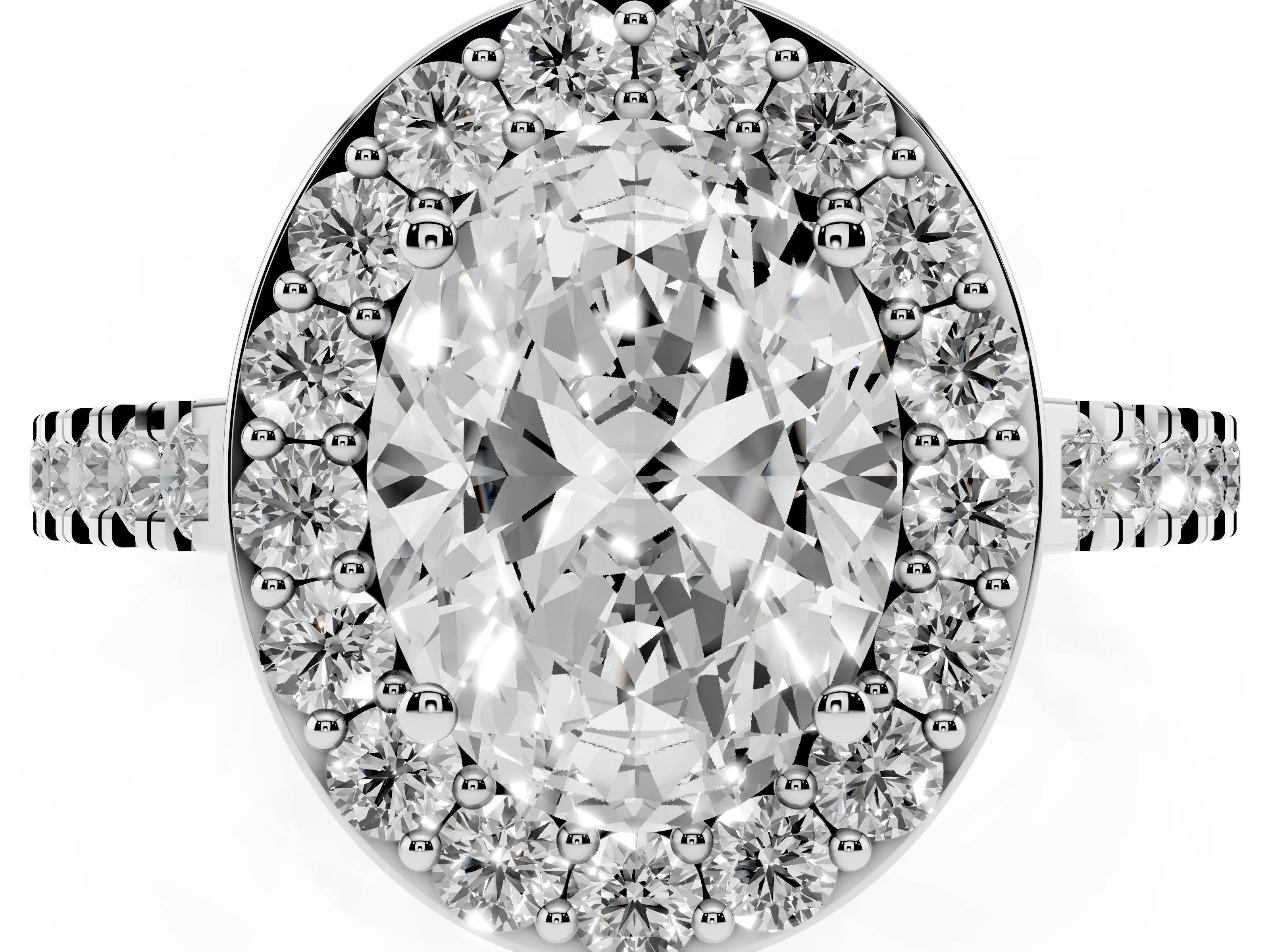 Oval Cut Diamond Halo Ring Set in Silver with Round Pavé Split Shank and Prong Setting