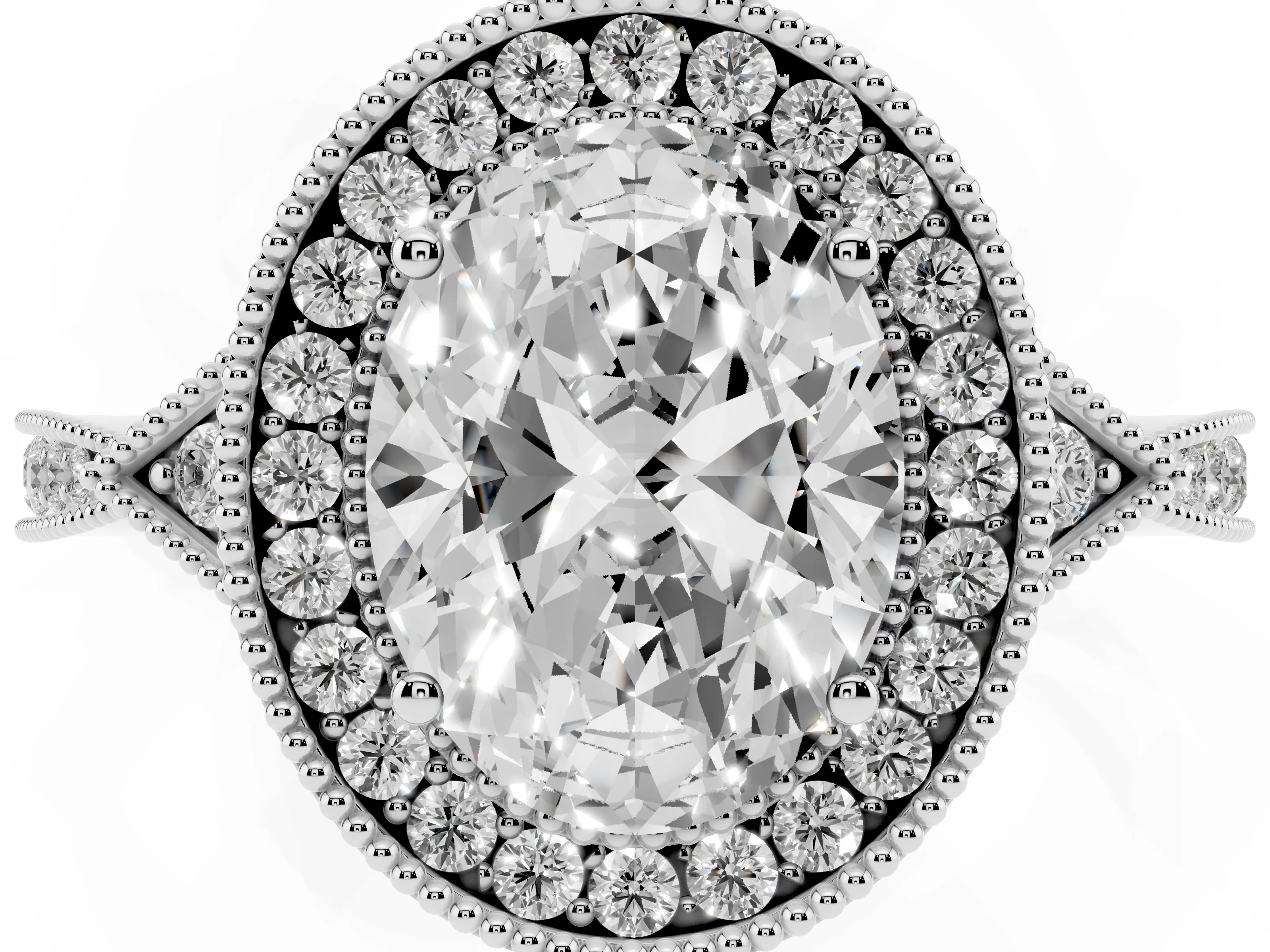 Oval Cut Diamond Halo Engagement Ring Set in Silver with Milgrain Pavé Band