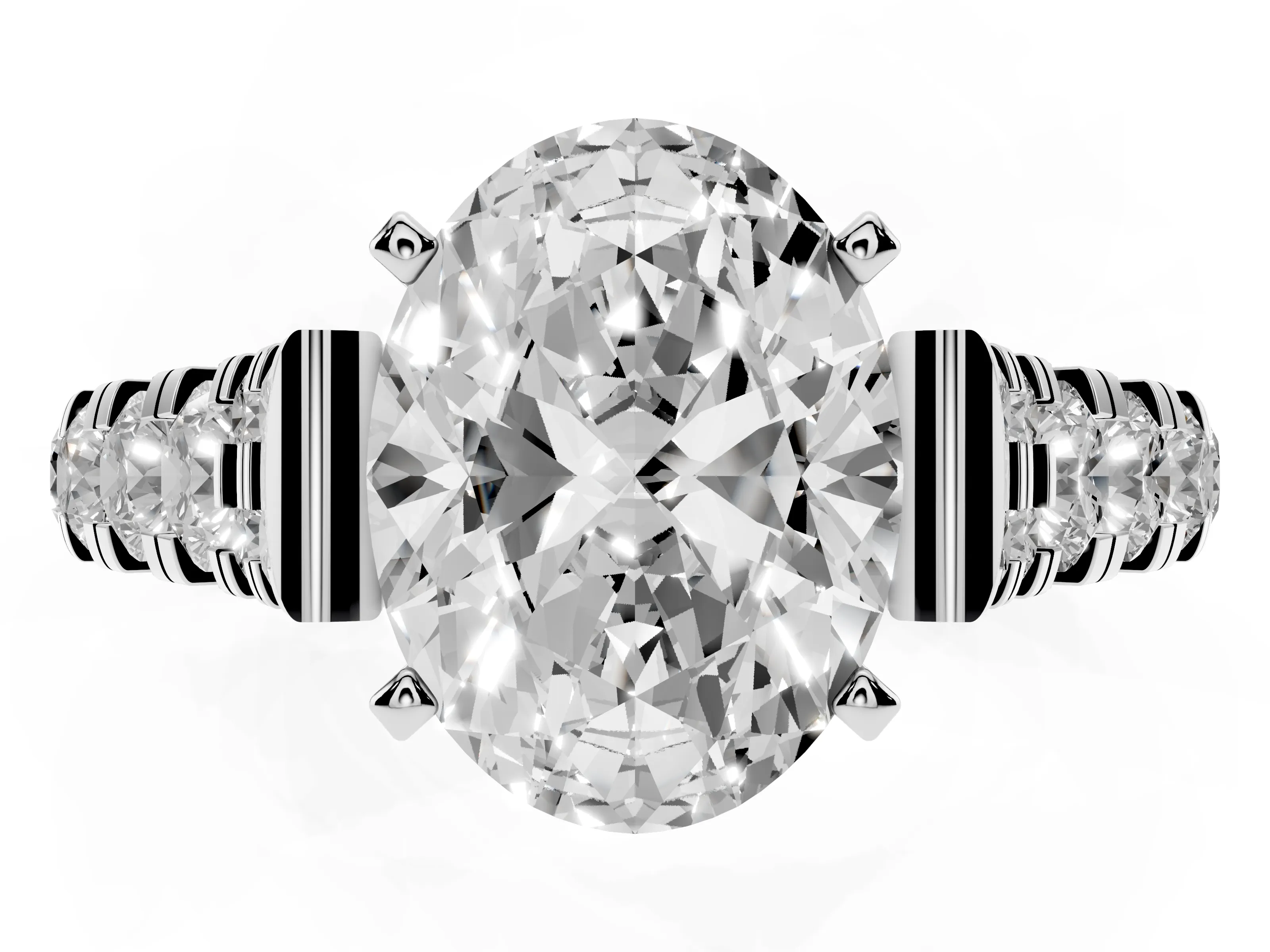 Oval Cut Diamond Classic Solitaire Ring Set in Platinum with Pavé Band and Prong Setting