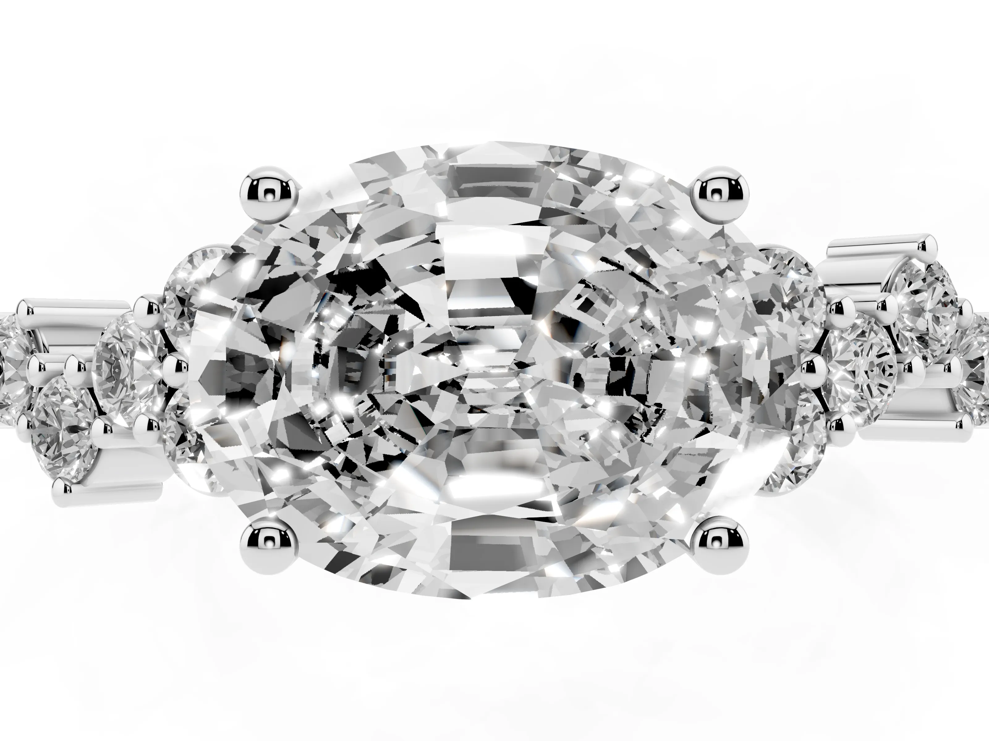 Oval Cut Diamond Ring Set in White gold with Scattered Round Accents
