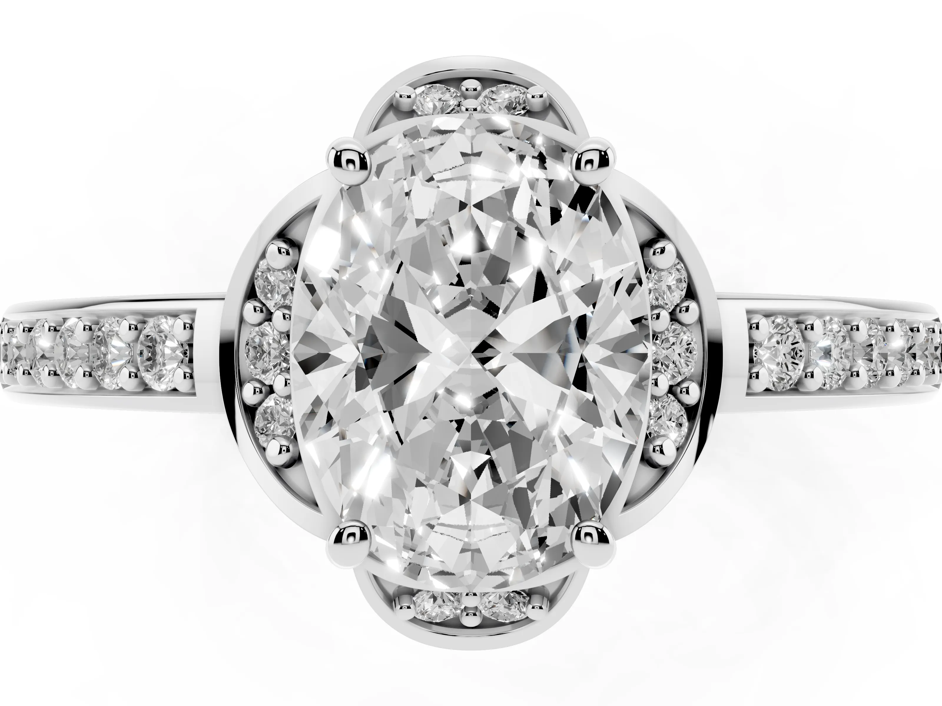 Oval Cut Diamond Halo Ring Set in Platinum with Channel Set Band and Prong Setting