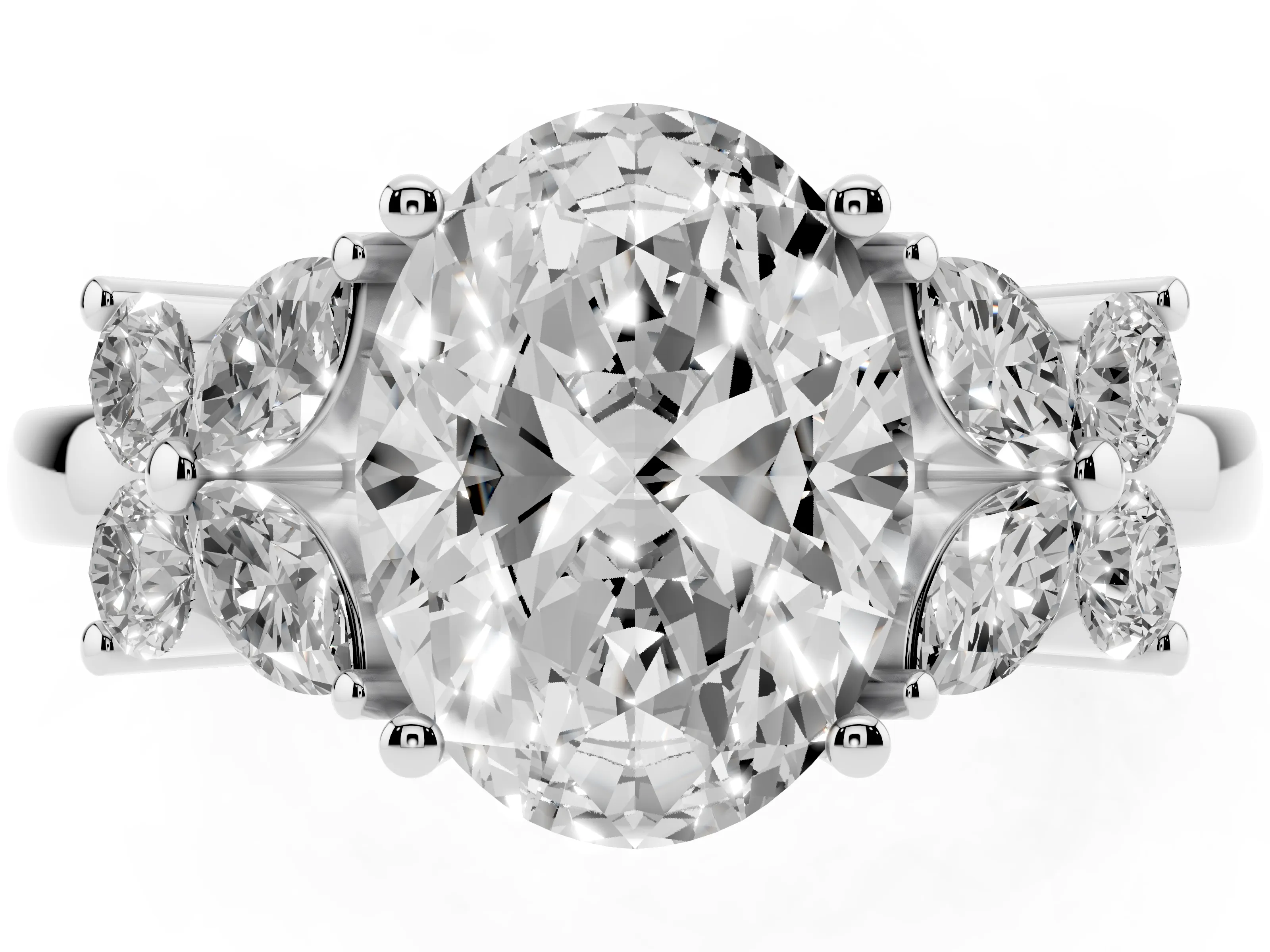 Oval Cut Diamond Floral Cluster Ring Set in Silver with Marquise Petals and Prong Setting