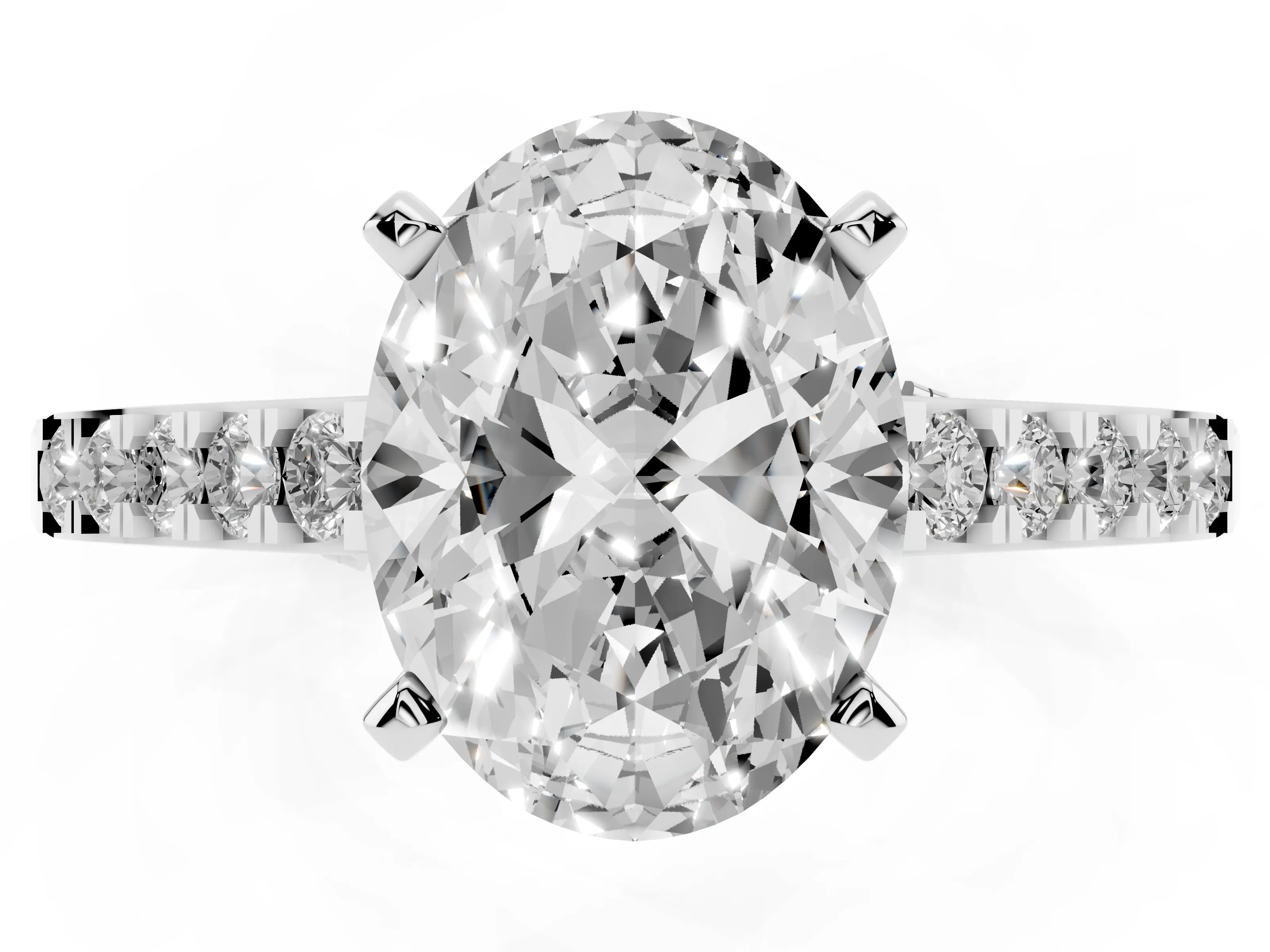 Oval Cut Diamond Solitaire Ring Set in White gold with Crossover Gallery and Round Pavé Band