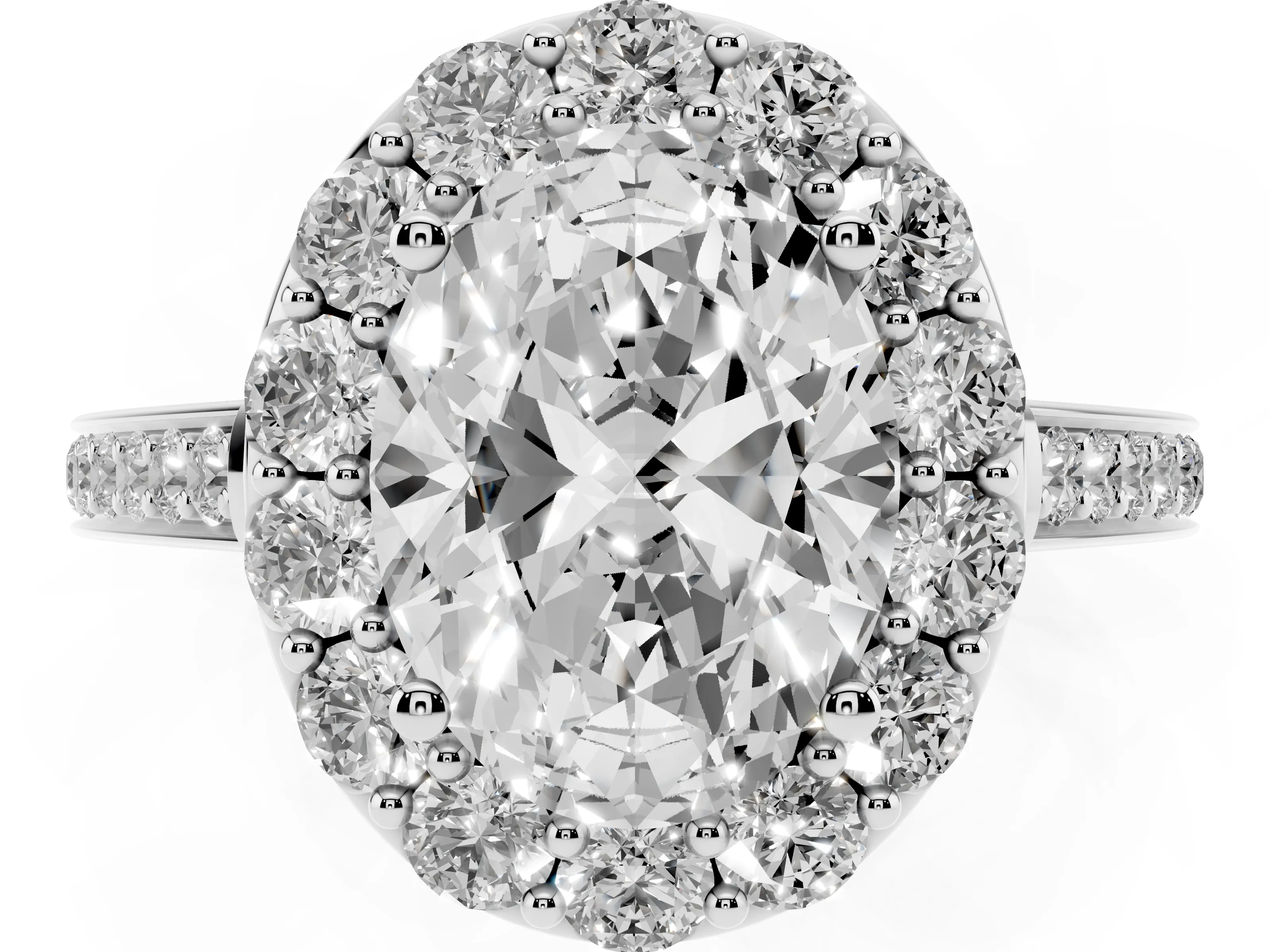 Oval Cut Diamond Floral Halo Ring Set in Platinum with Pavé Band and Prong Setting