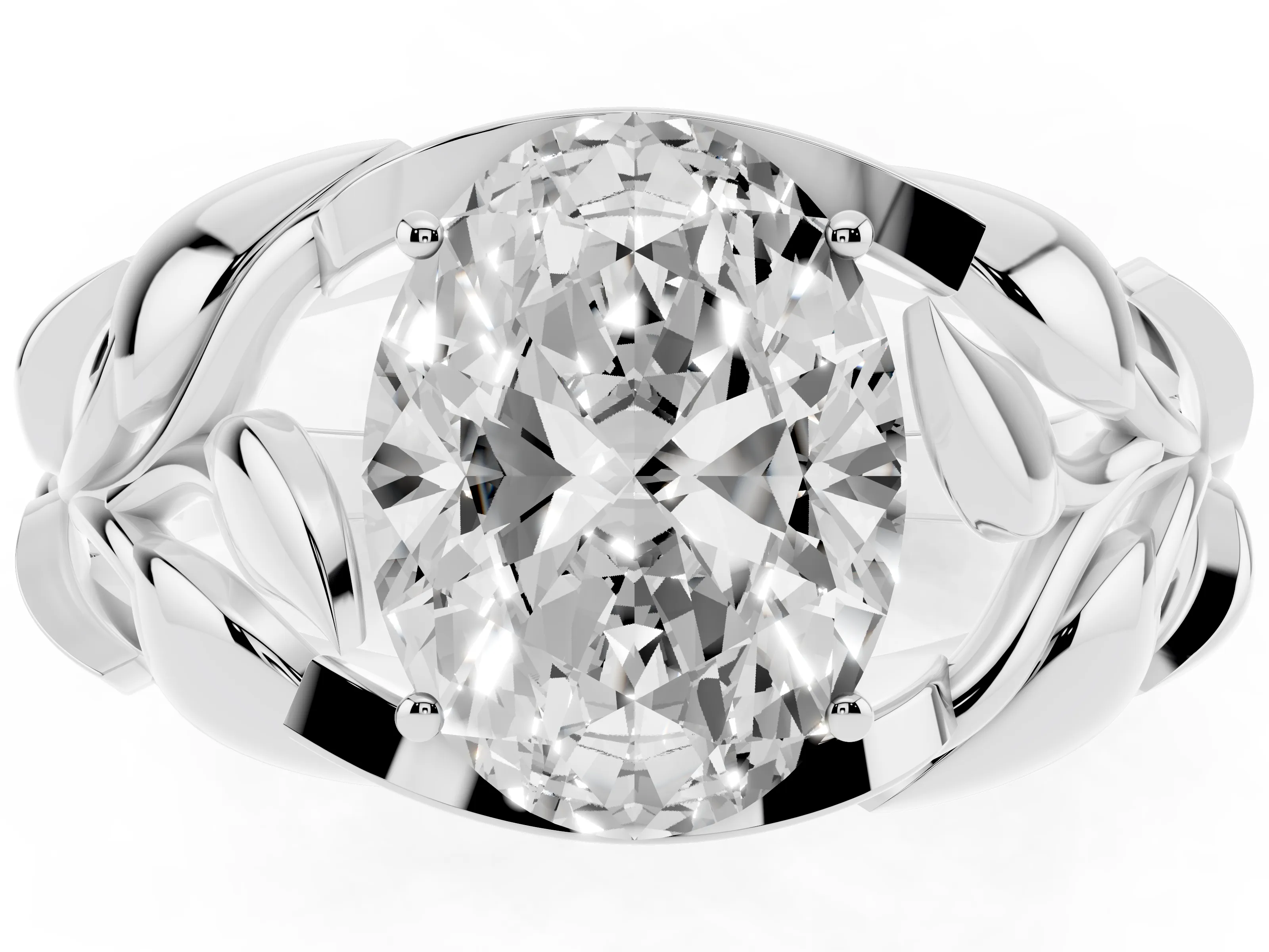 Oval Cut Diamond Leaf-Inspired Engagement Ring Set in White gold with Round Accents