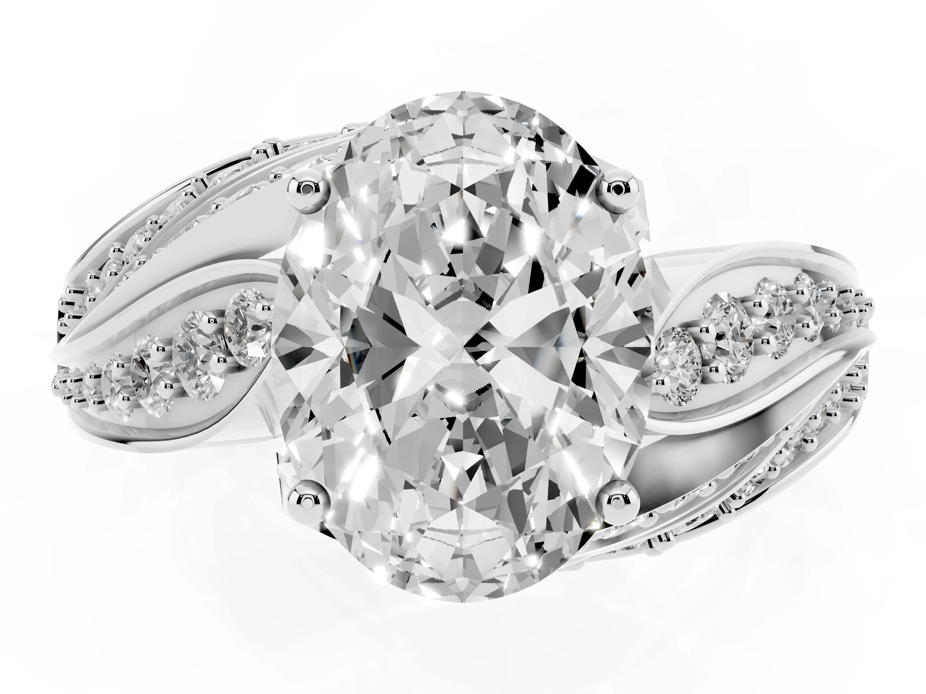 Oval Cut Diamond Solitaire Ring Set in Platinum with Layered Twist Pavé Band