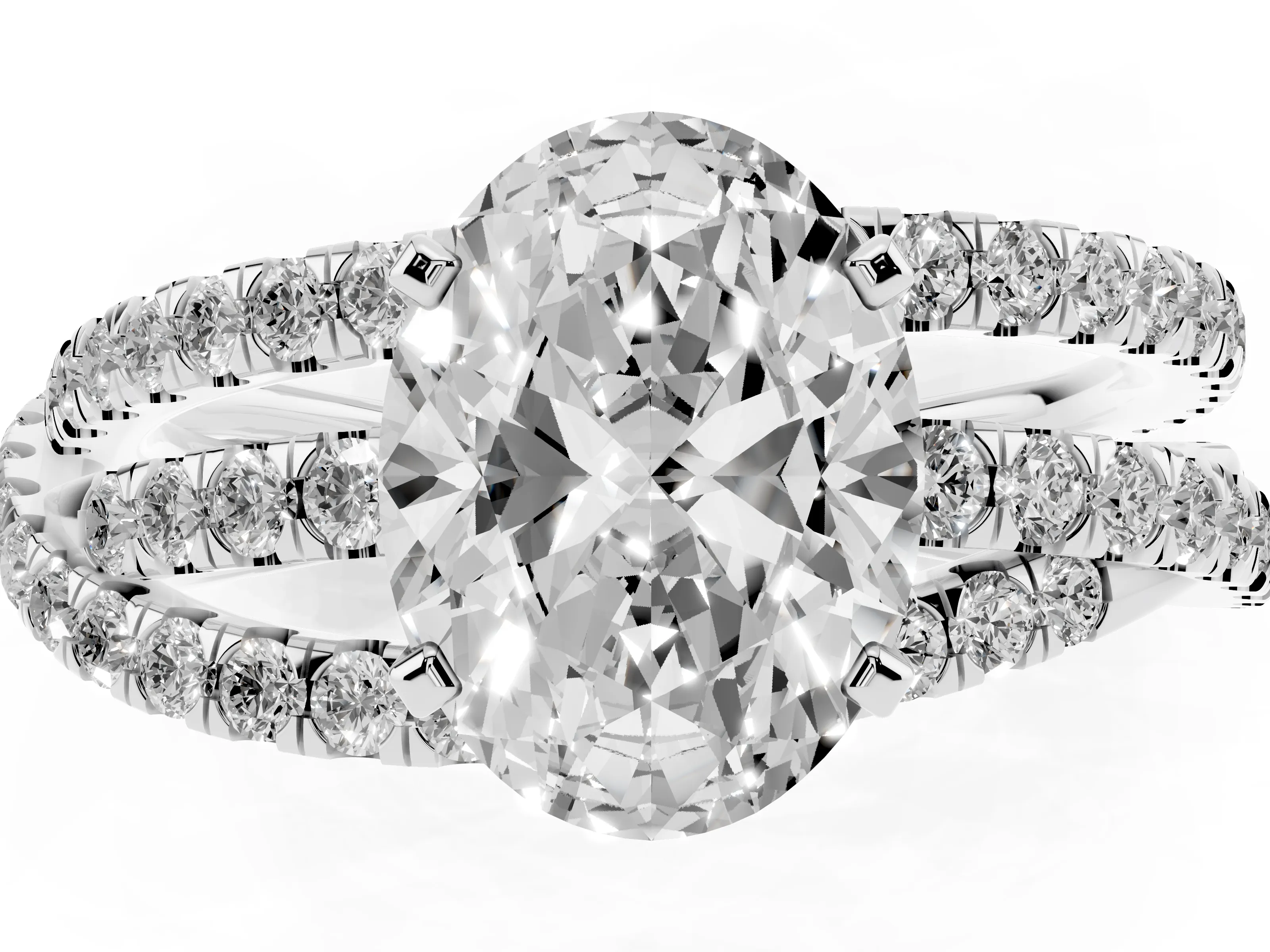Oval Cut Diamond Solitaire Twist Band Ring Set in Silver with Pavé Setting and Prong Head
