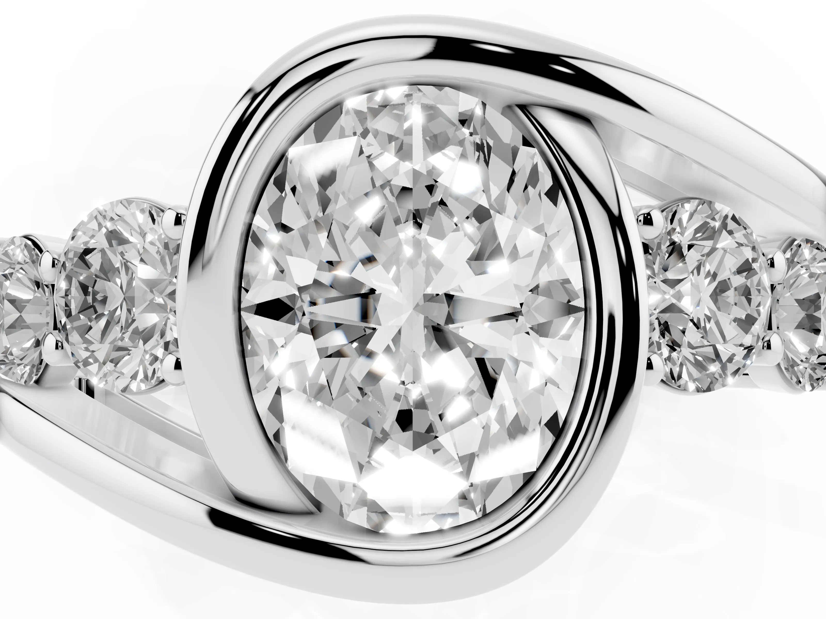 Oval Cut Diamond Bezel Bypass Ring Set in Silver with Round Accents