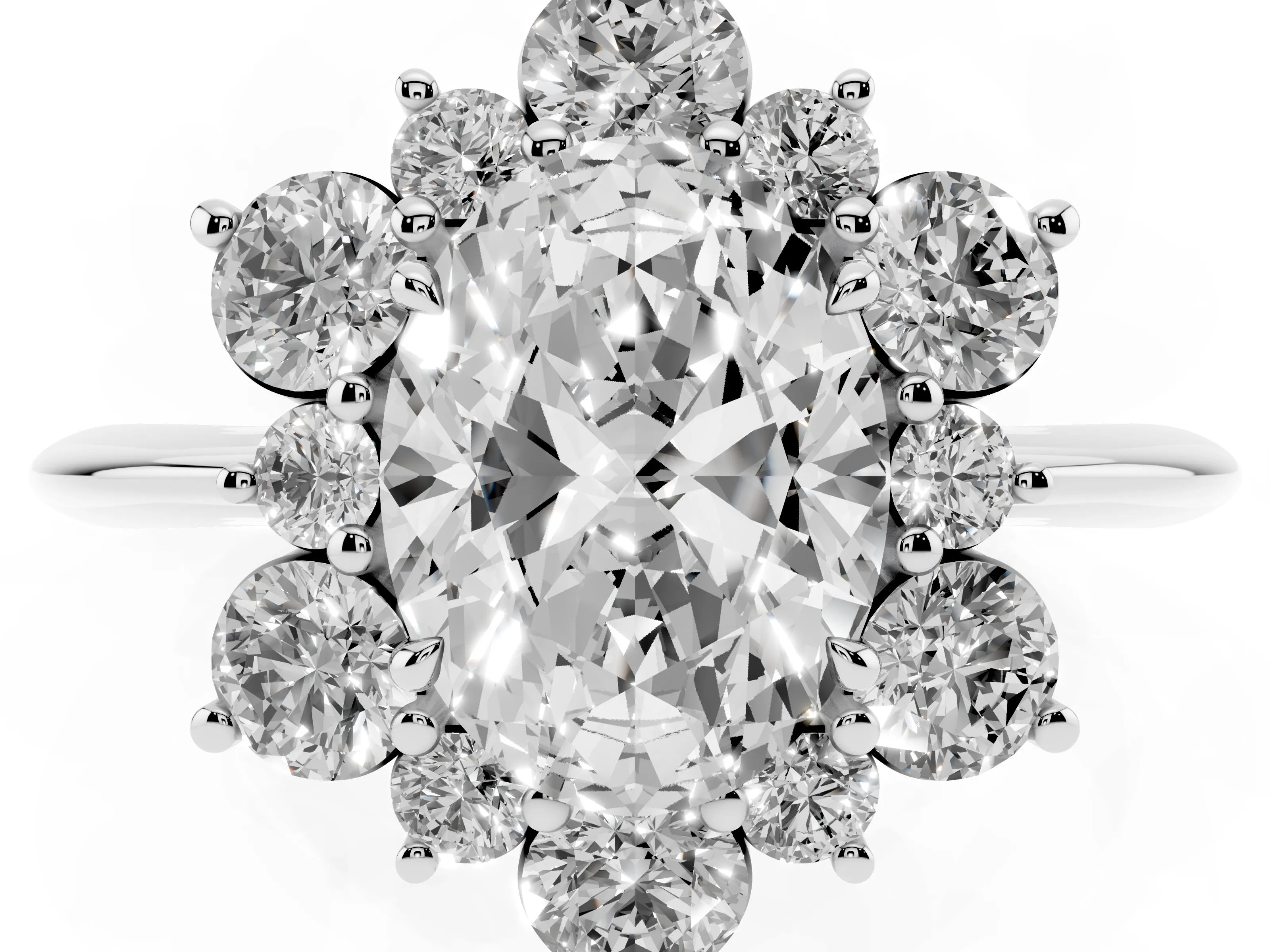 Oval Cut Diamond Cluster Halo Ring Set in Silver with Solitaire Band and Prong Setting