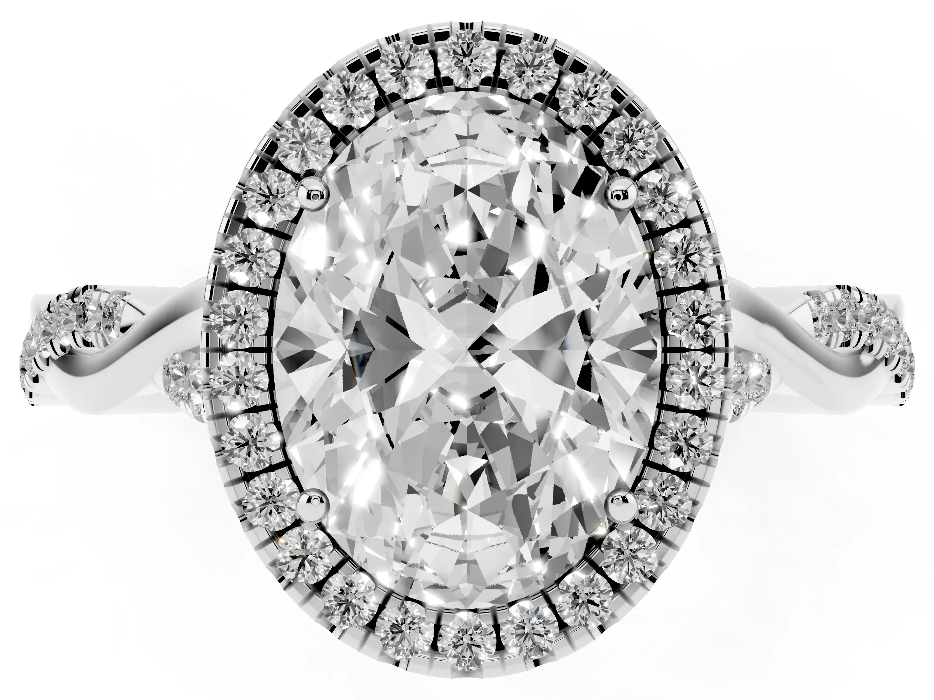 Oval Cut Diamond Halo Twist Band Solitaire Ring Set in White gold with Prong Setting