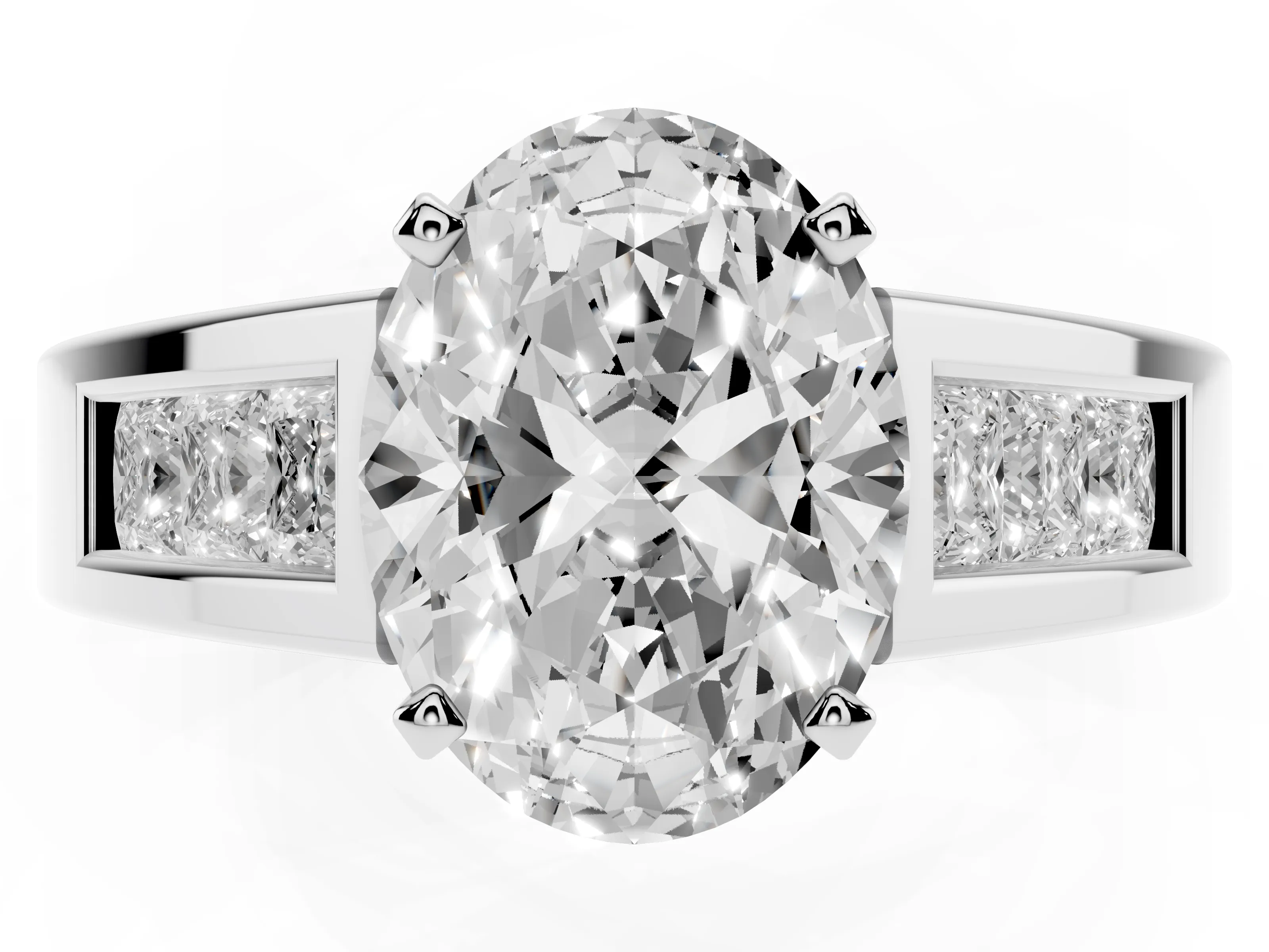 Oval Cut Diamond Solitaire Ring Set in Platinum with Channel-Set Accent Stones and Prong Setting