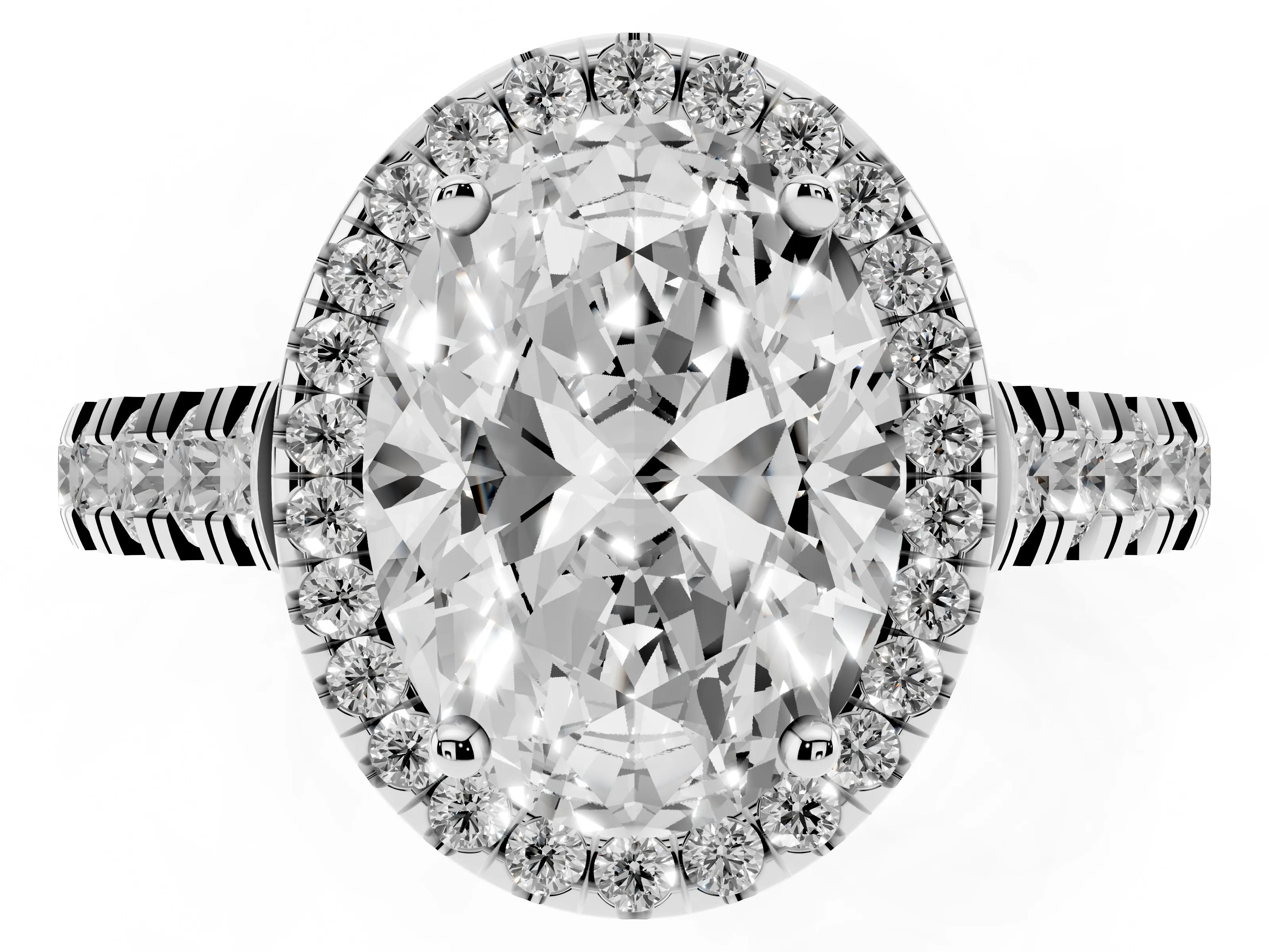 Oval Cut Diamond Halo Engagement Ring Set in White gold with Pavé Band and Prong-Set Center