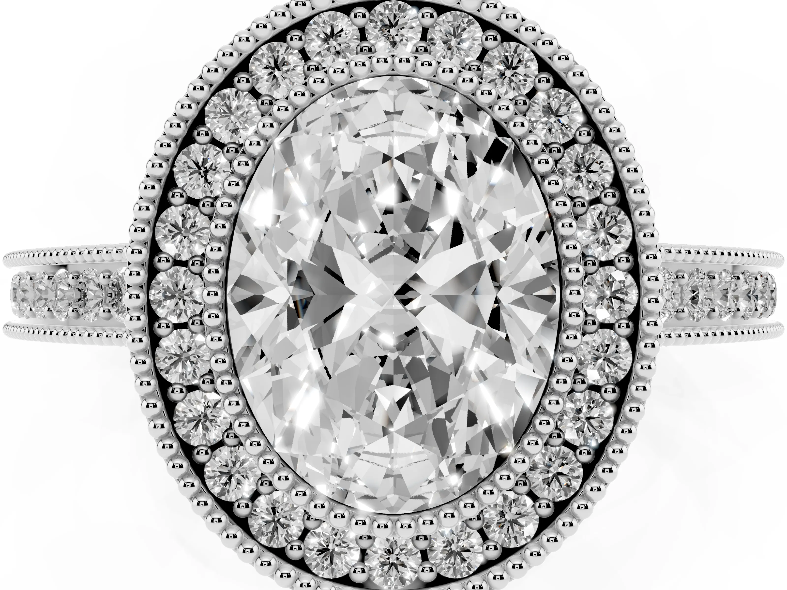 Oval Cut Diamond Halo Ring Set in Platinum with Pavé Band and Milgrain-Edged Prongs