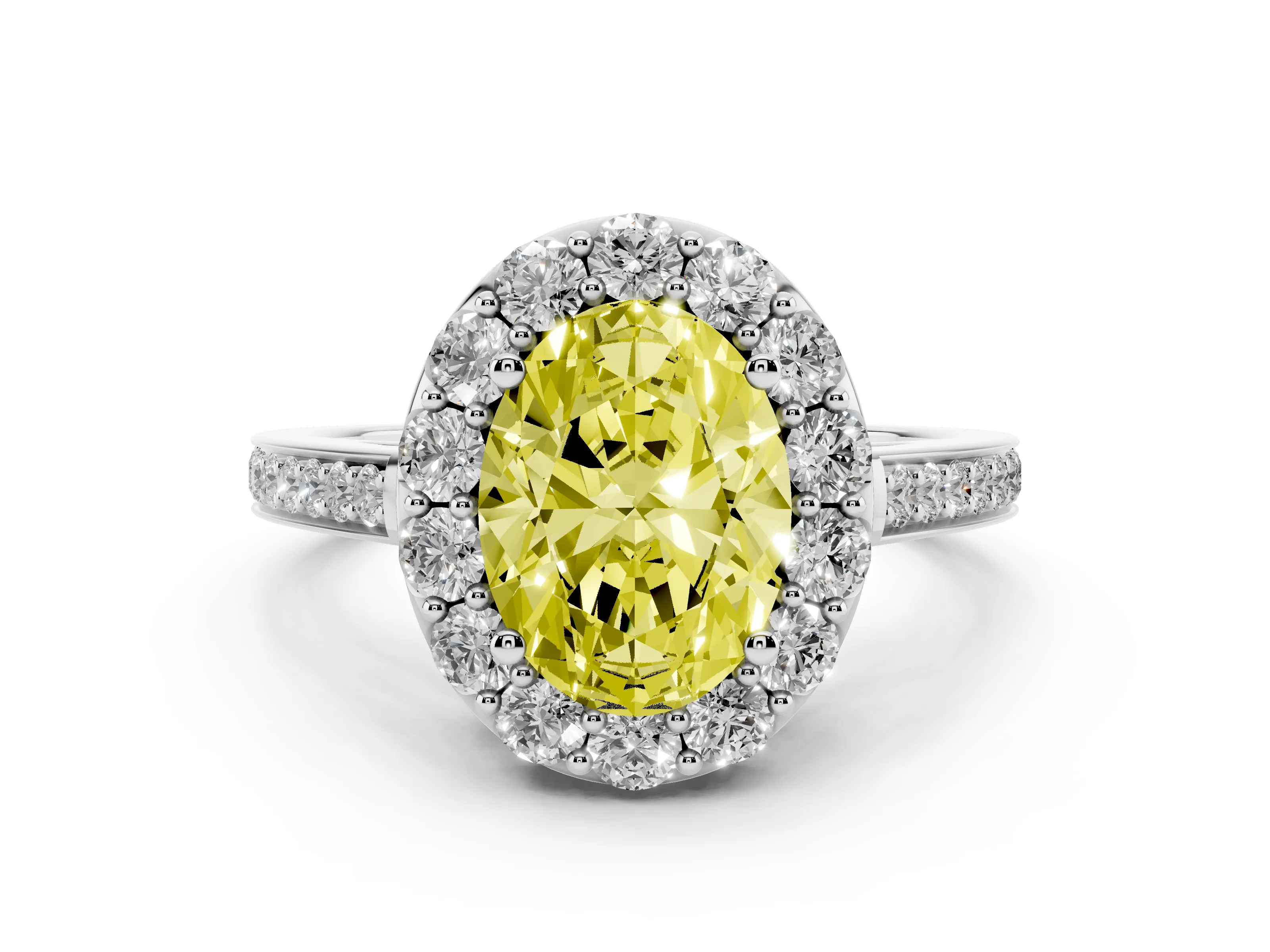 Fancy Yellow Oval Cut Diamond Floral Halo Ring Set in White gold with Pavé Band and Prong Setting