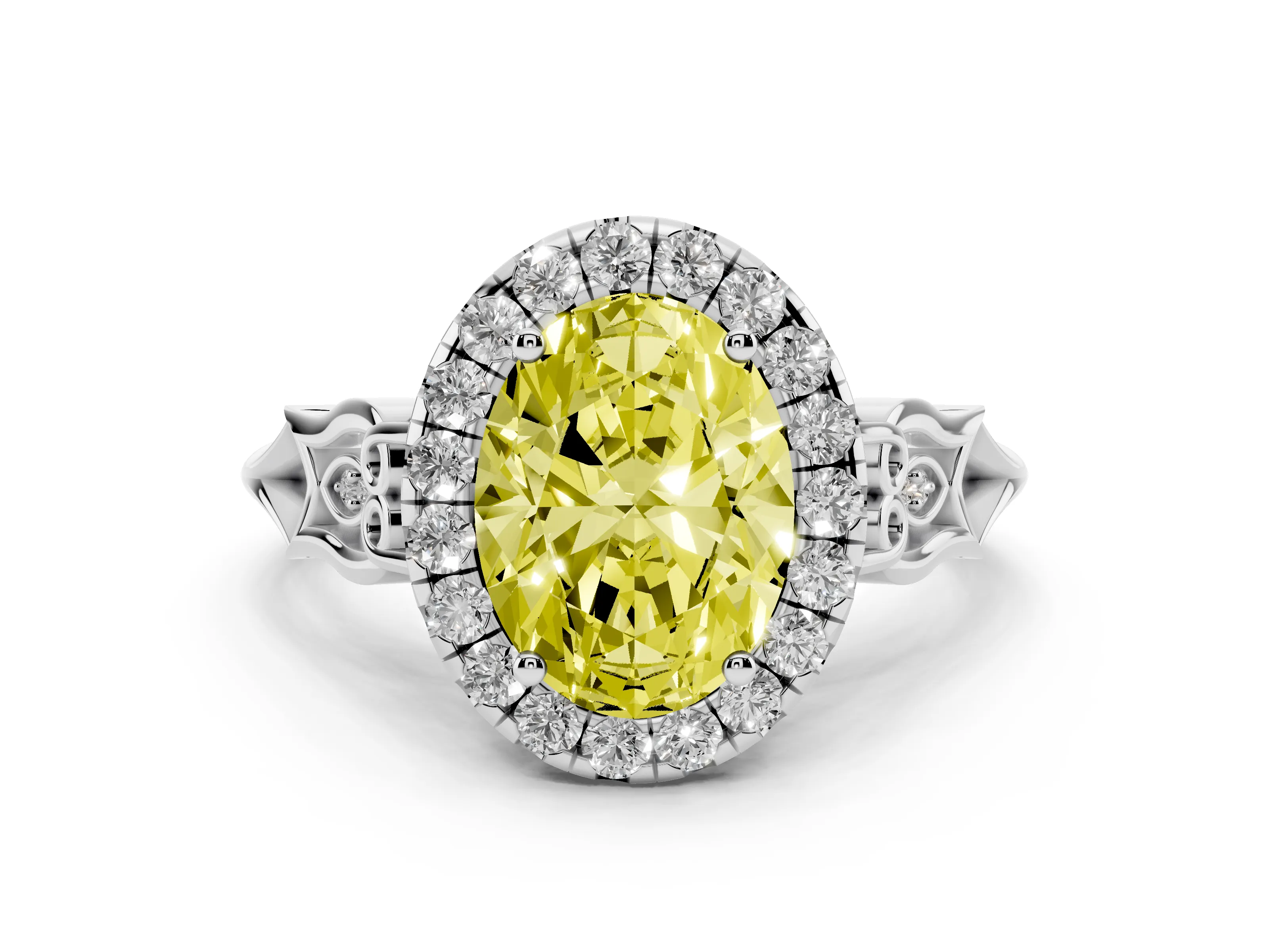 Fancy Yellow Oval Cut Diamond Halo Engagement Ring Set in Platinum with Filigree Band and Prong-Set Center