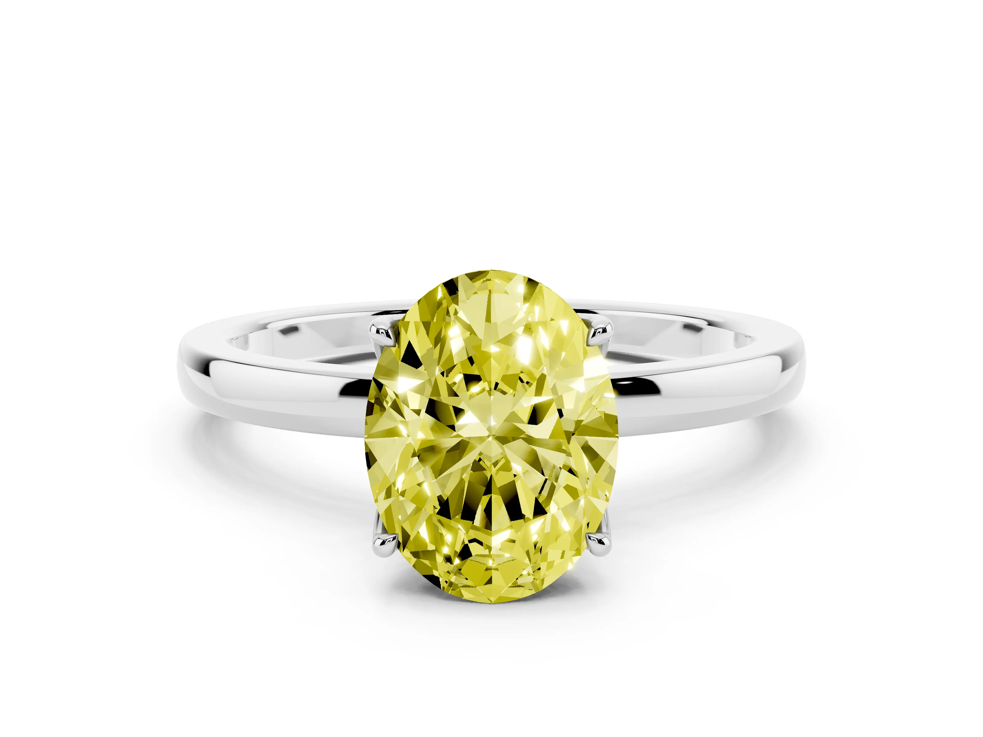 Fancy Yellow Oval Cut Diamond Solitaire Ring Set in White gold with Prong Setting and Thin Polished Band