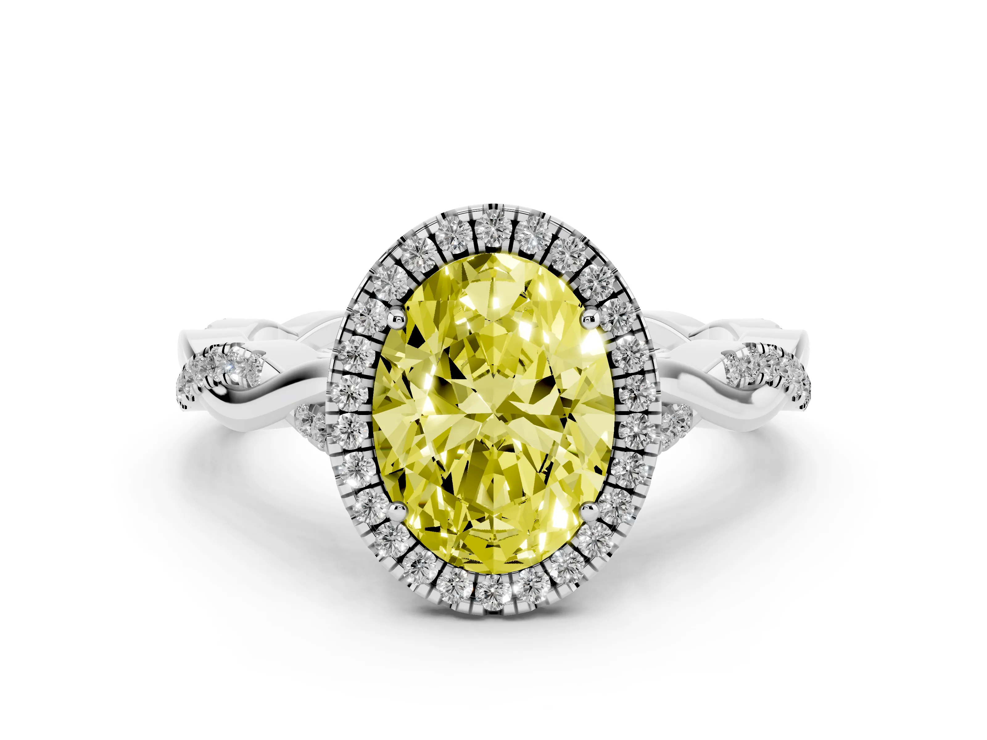 Fancy Yellow Oval Cut Diamond Halo Twist Band Solitaire Ring Set in Platinum with Prong Setting