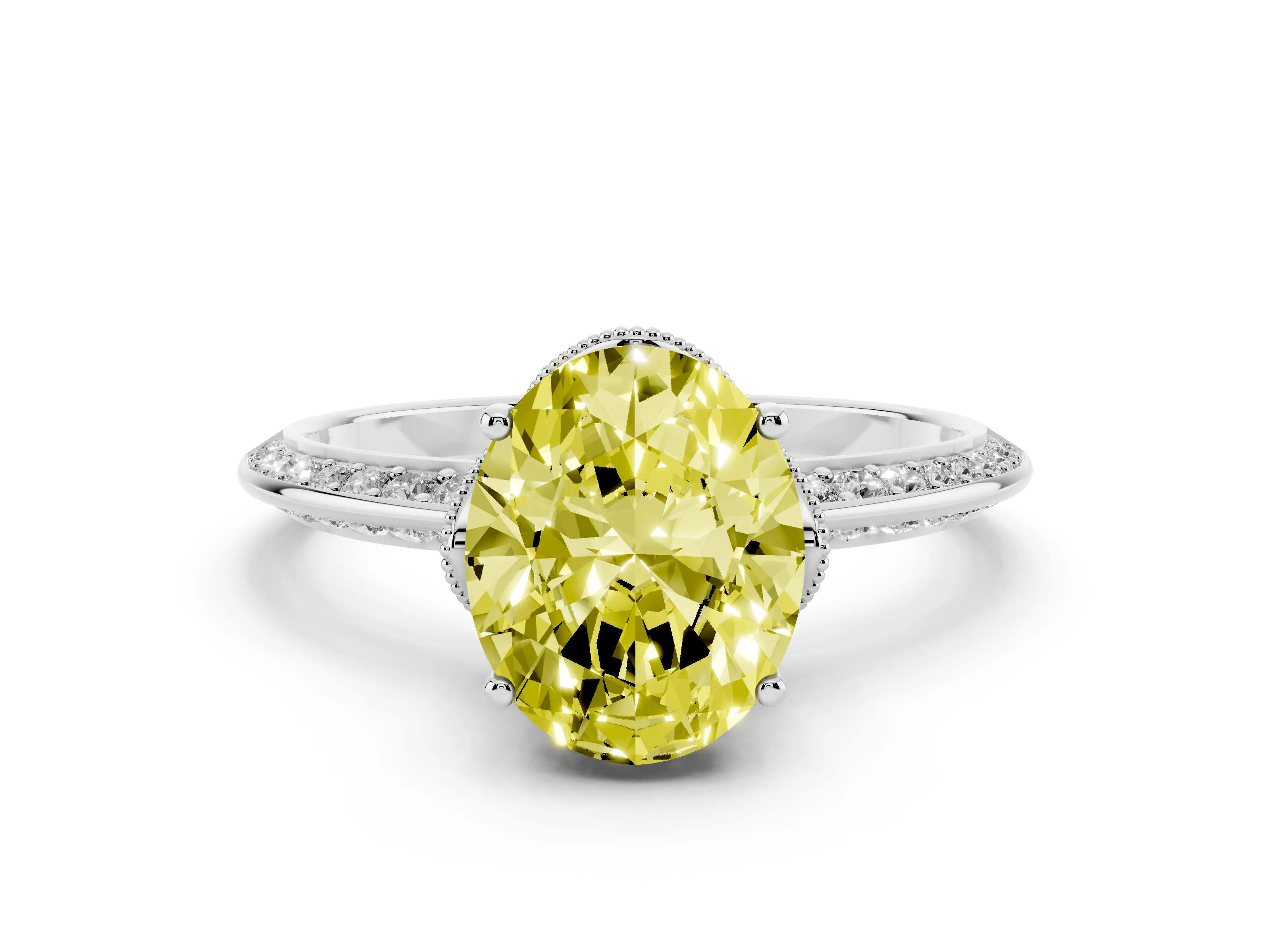 Fancy Yellow Oval Cut Diamond Solitaire Engagement Ring Set in Silver with Pavé Split Shank and Prong Setting