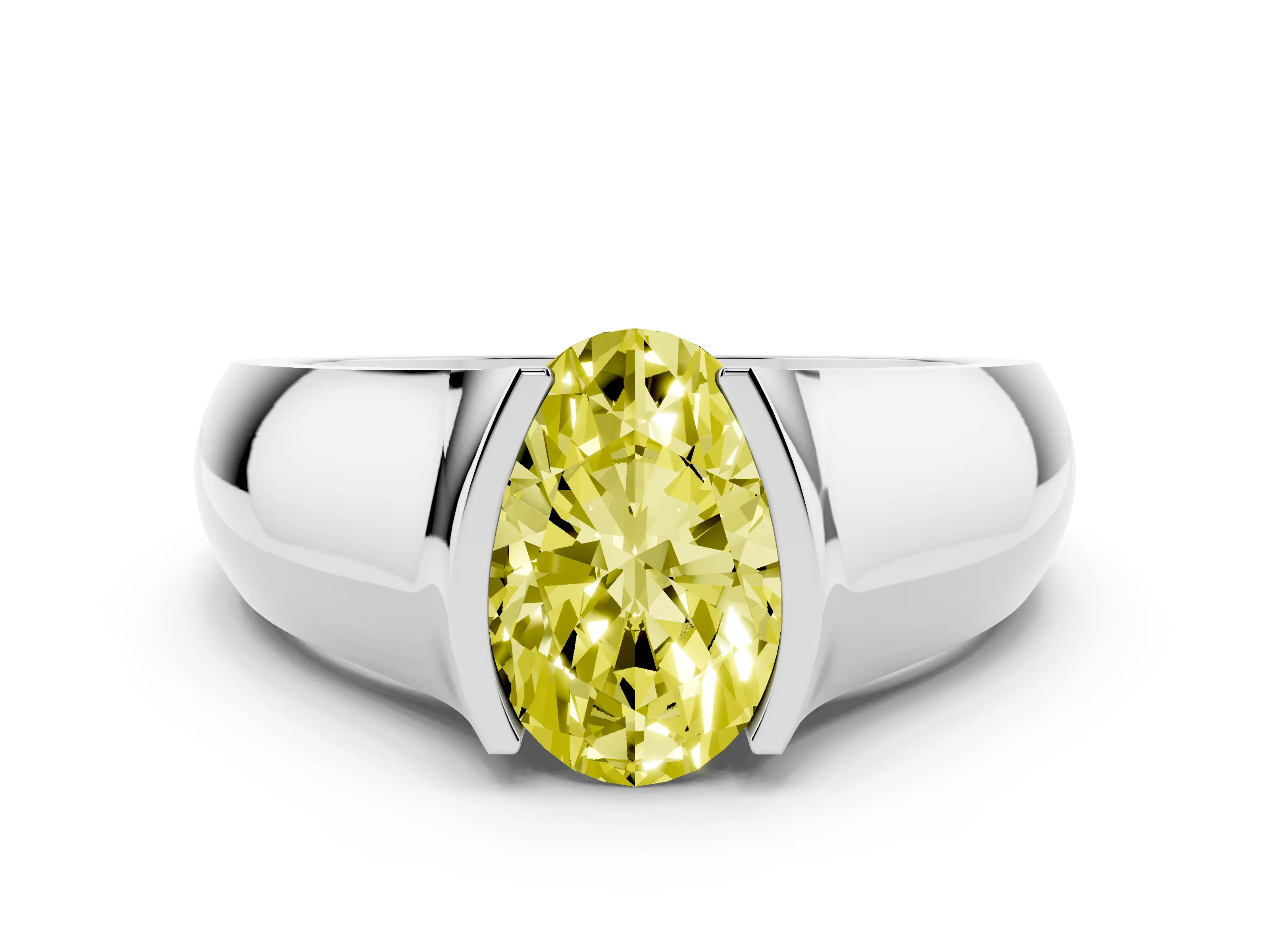 Fancy Yellow Oval Cut Diamond Bezel Solitaire Ring Set in White gold with Wide Band
