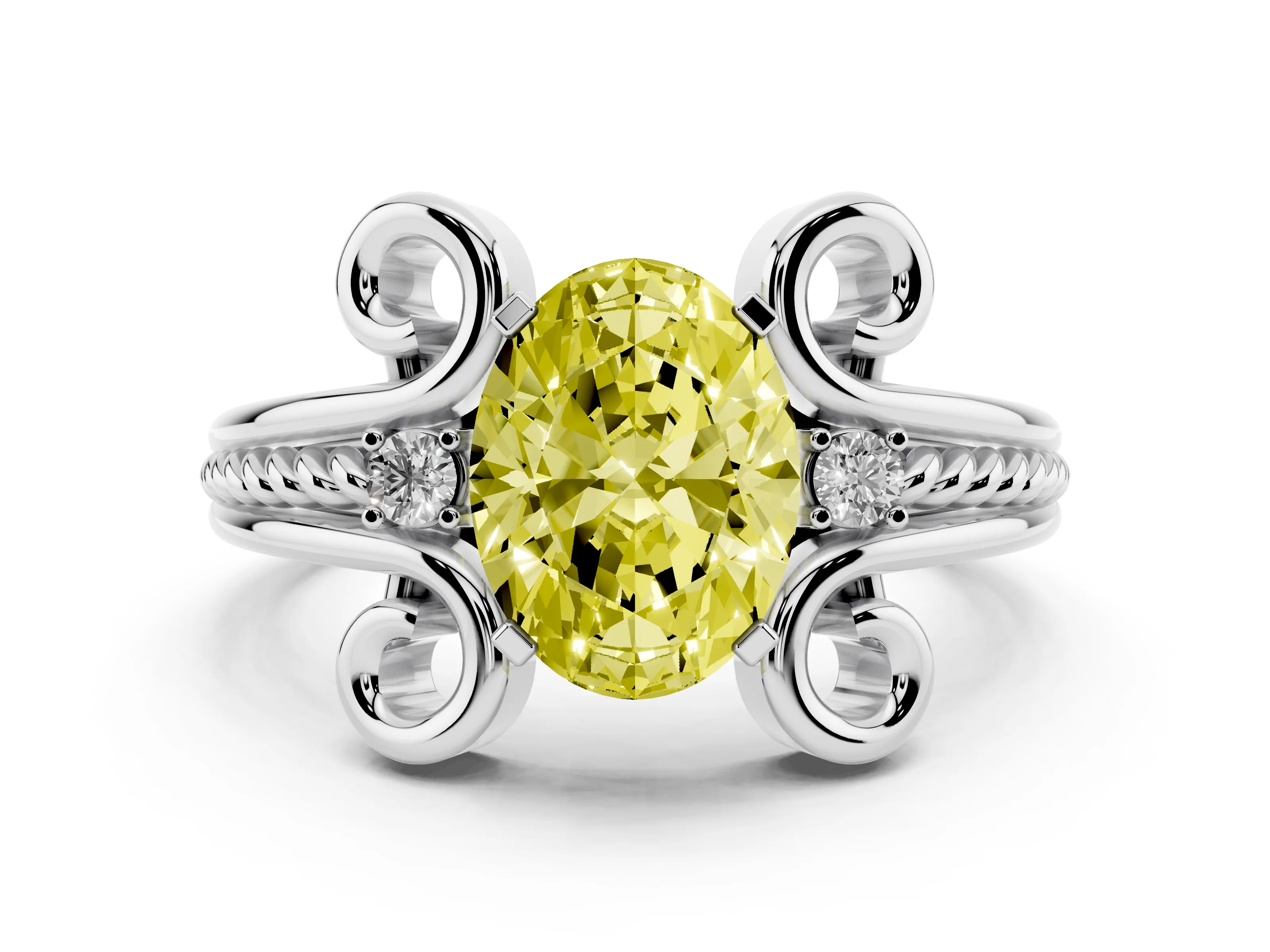 Fancy Yellow Oval Cut Diamond Twisted Band Solitaire Ring Set in Platinum with Scroll Prongs