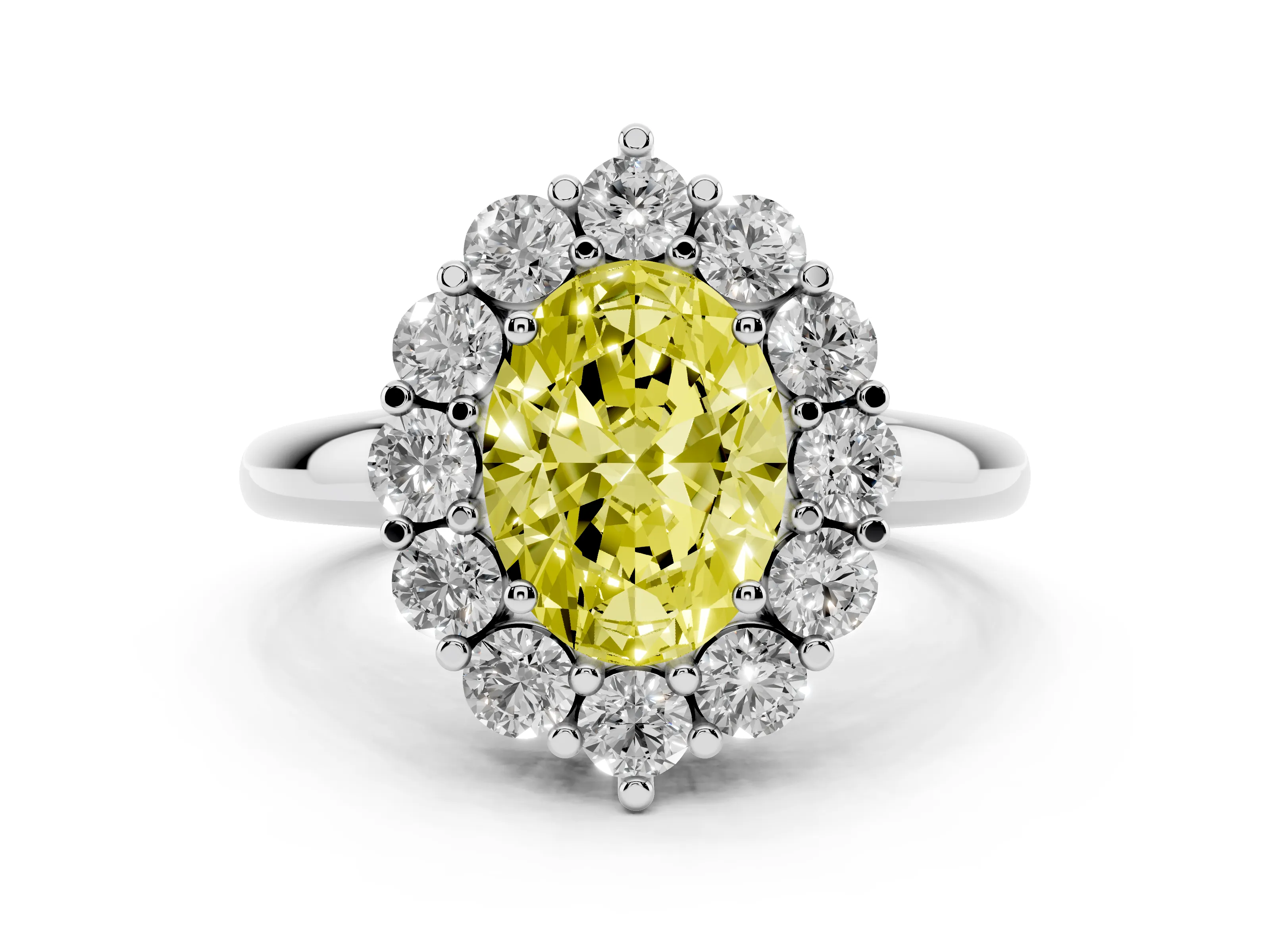 Fancy Yellow Oval Cut Diamond Halo Cluster Engagement Ring Set in Silver with Polished Band and Prong Setting