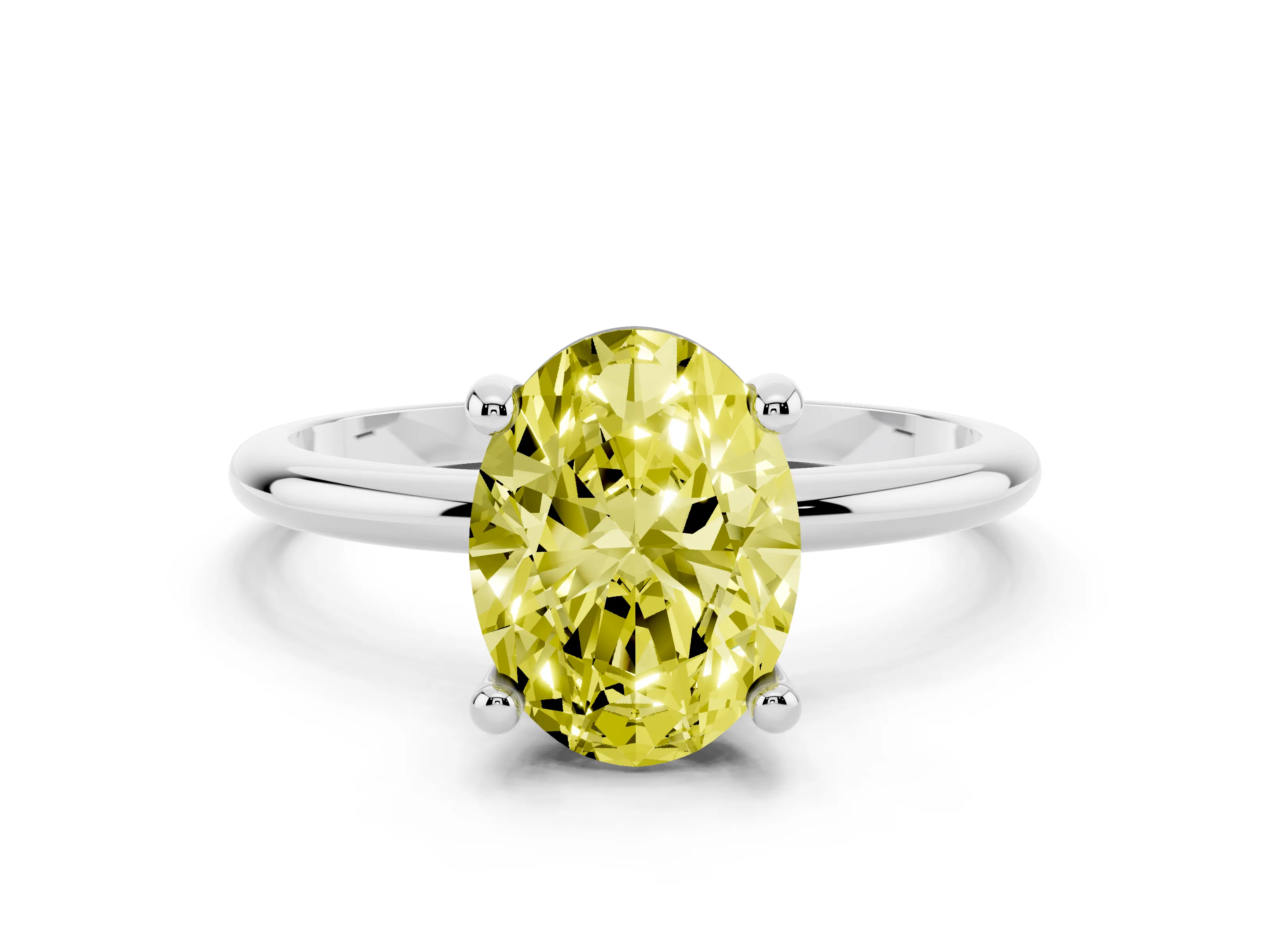Fancy Yellow Oval Cut Diamond Solitaire Ring Set in Platinum with Secure Prong Setting on a Classic Band